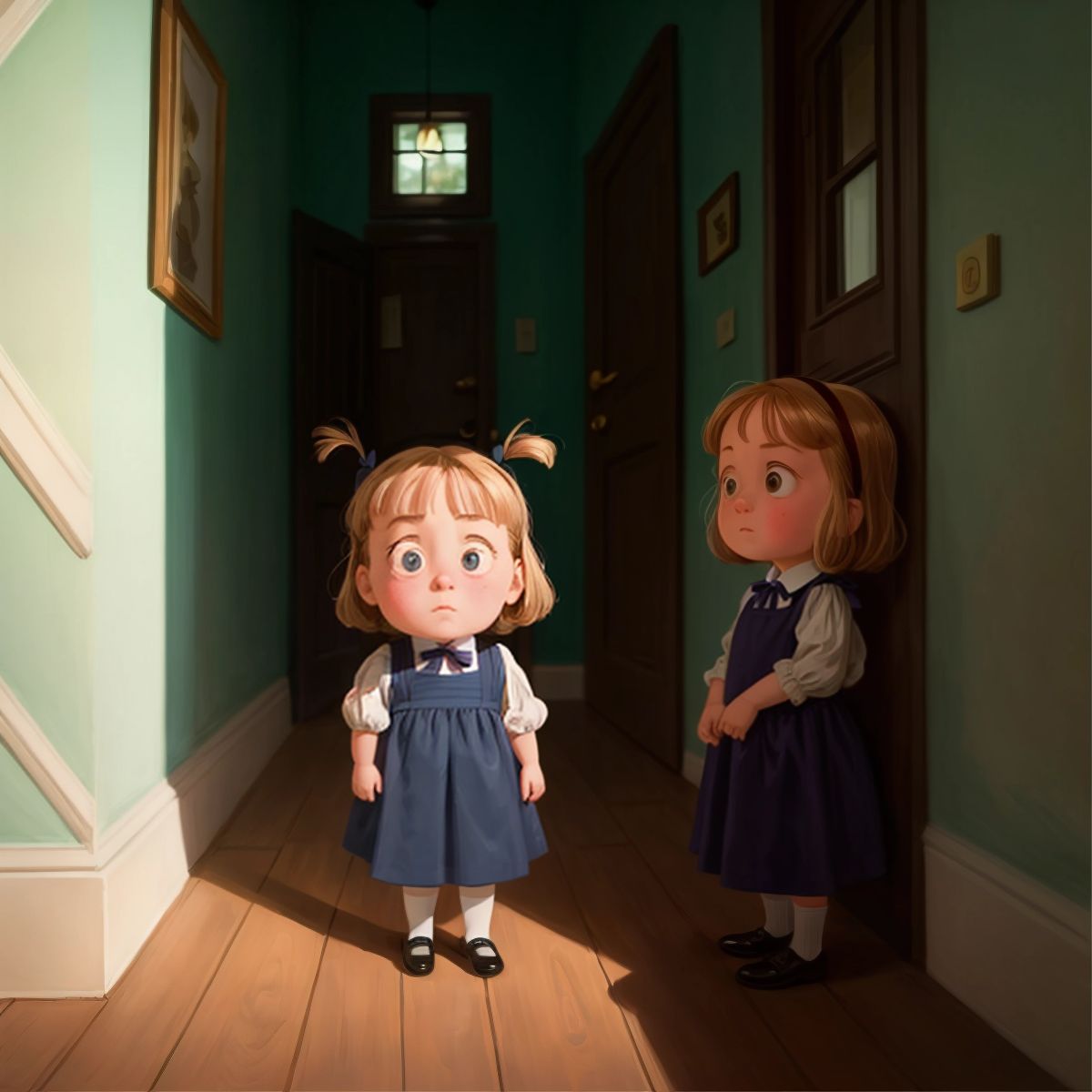 Matilda peeking around a corner, her eyes wide with shock as she overhears the conversation between Miss Honey and Miss Trunchbull, depicted by their shadows on the wall.