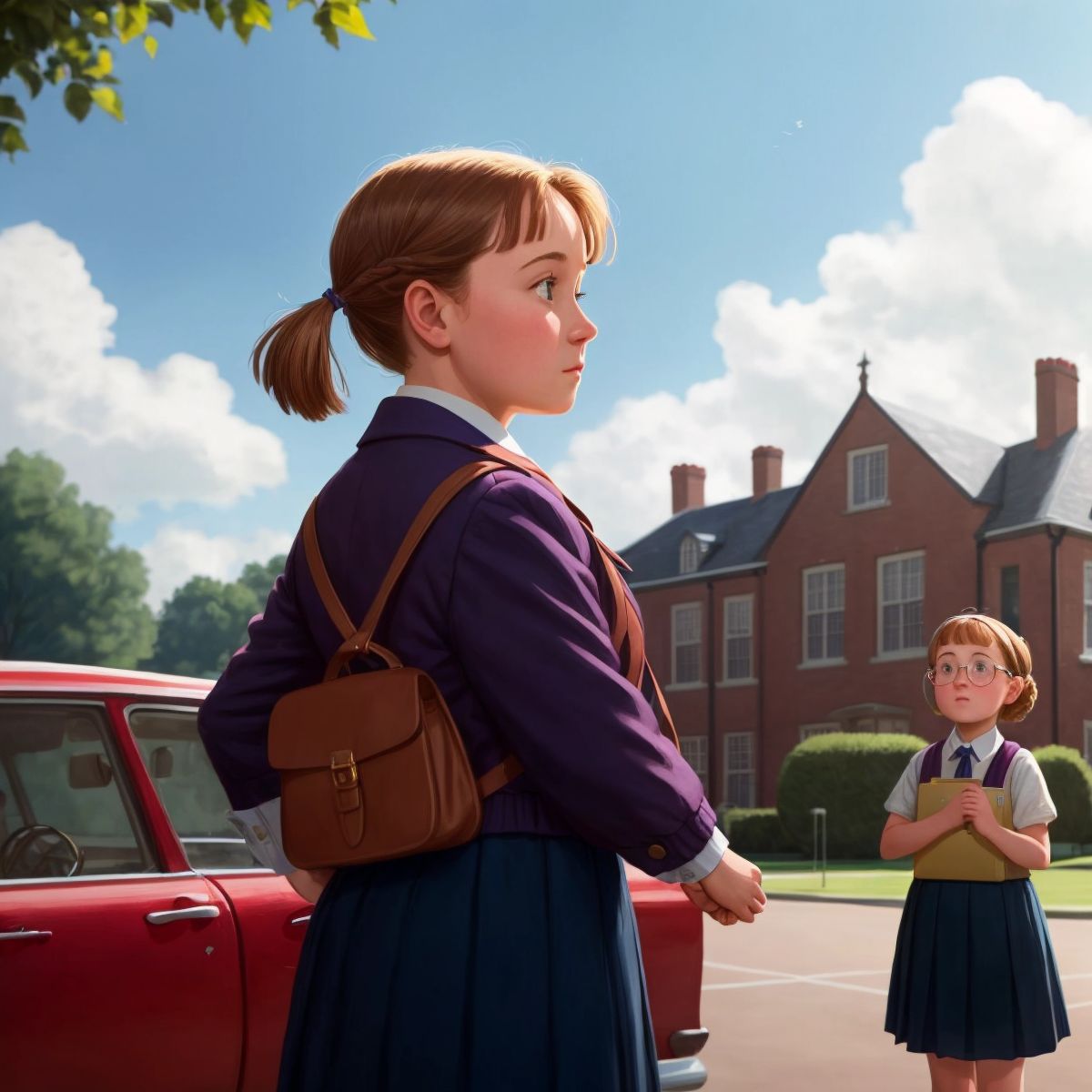 Matilda standing confidently with a backdrop of the school, where students and Miss Honey are cheering and celebrating, and Miss Trunchbull's car is seen hastily driving away.