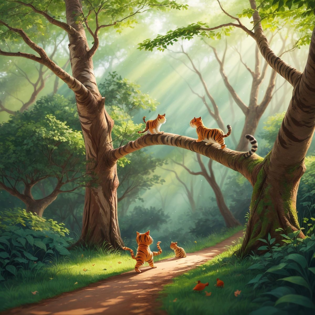 Amber the tiger cat with sharp claws, walking through a forest with birds in the background and a squirrel on a tree.