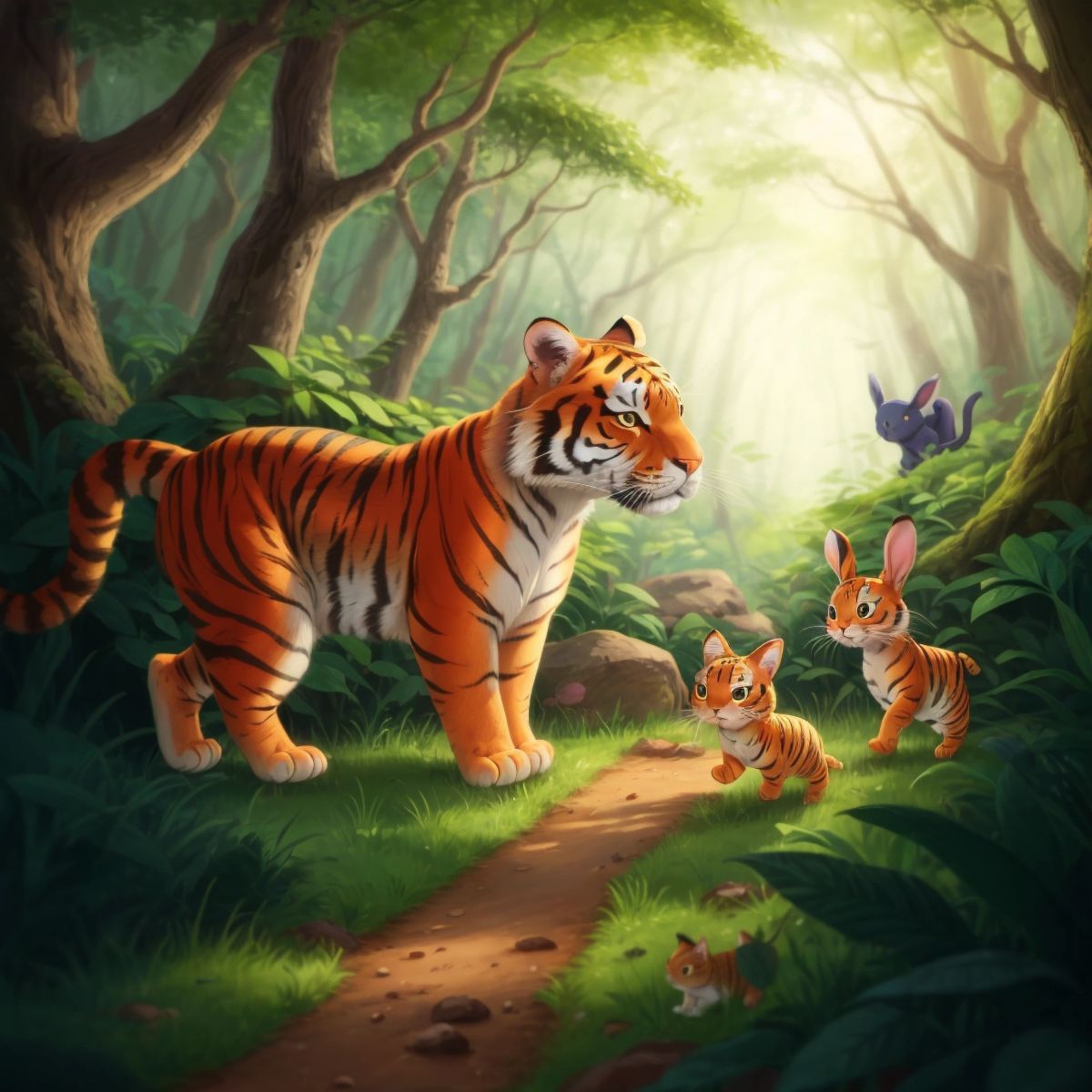 Amber, with a determined expression, leading a lost bunny through the forest, with various forest creatures watching from a distance.