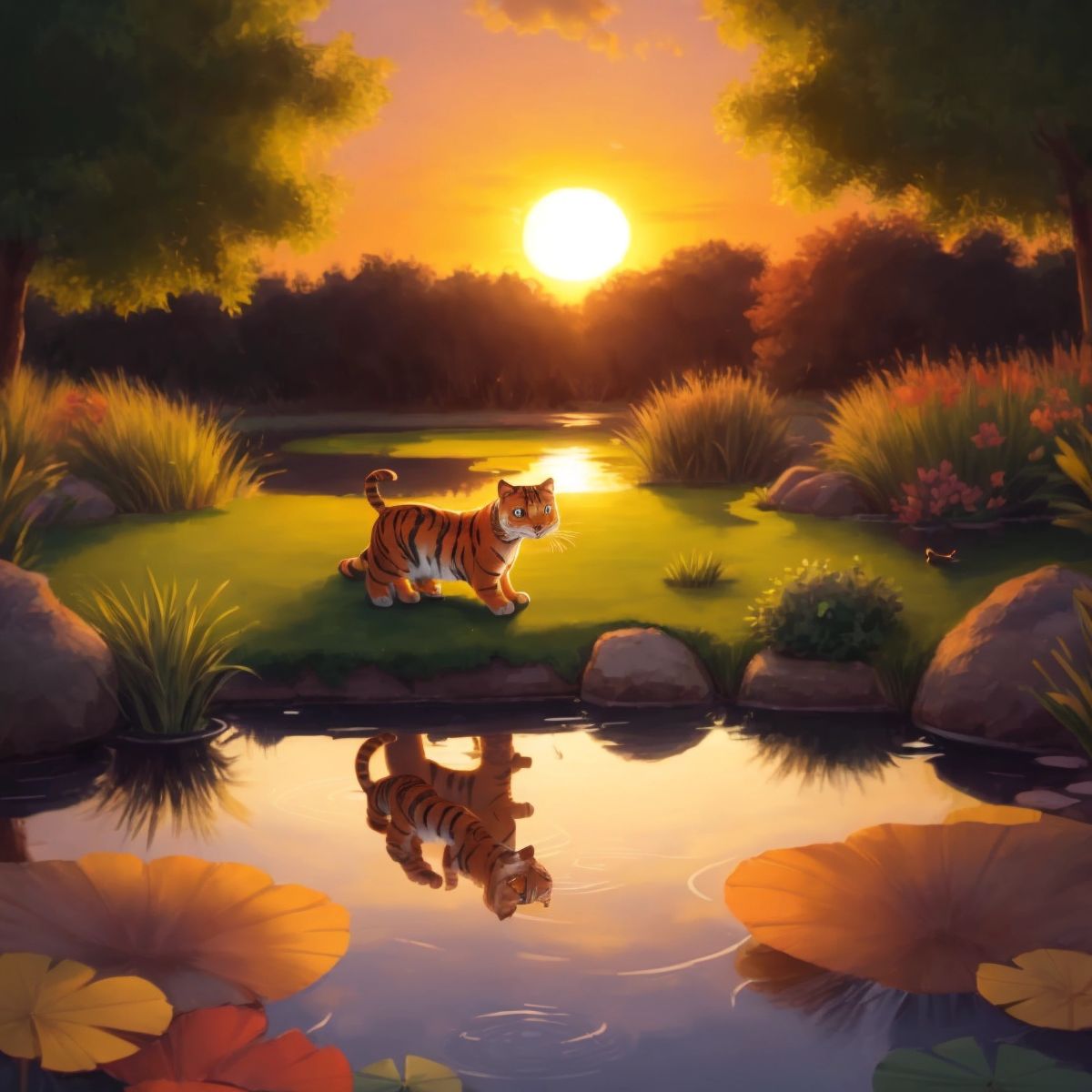 Amber looking at her reflection in the pond at sunset, with the colors of the setting sun reflecting on the water's surface.