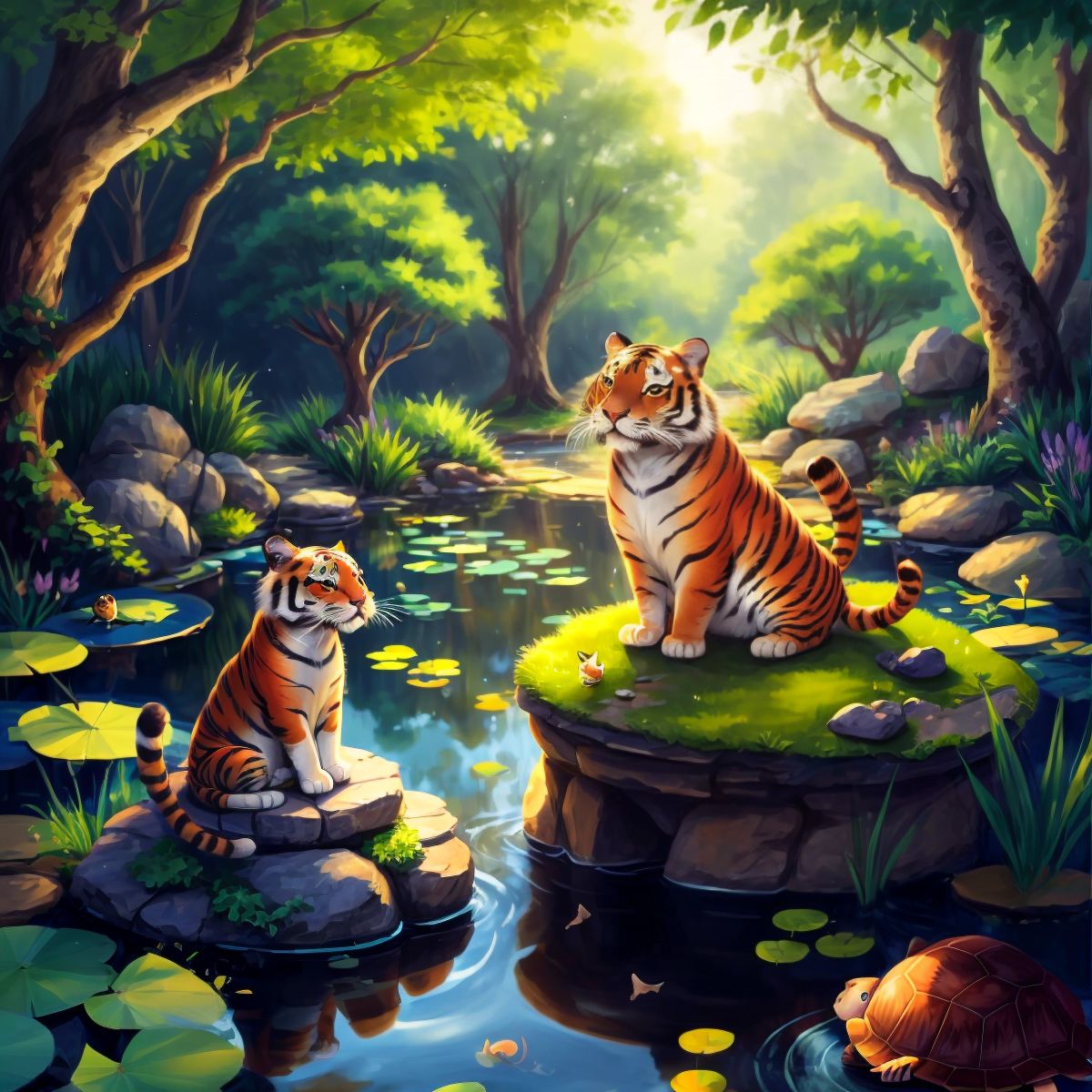 Amber sitting by an enchanted pond, listening to a wise old turtle who is perched on a rock in the water.