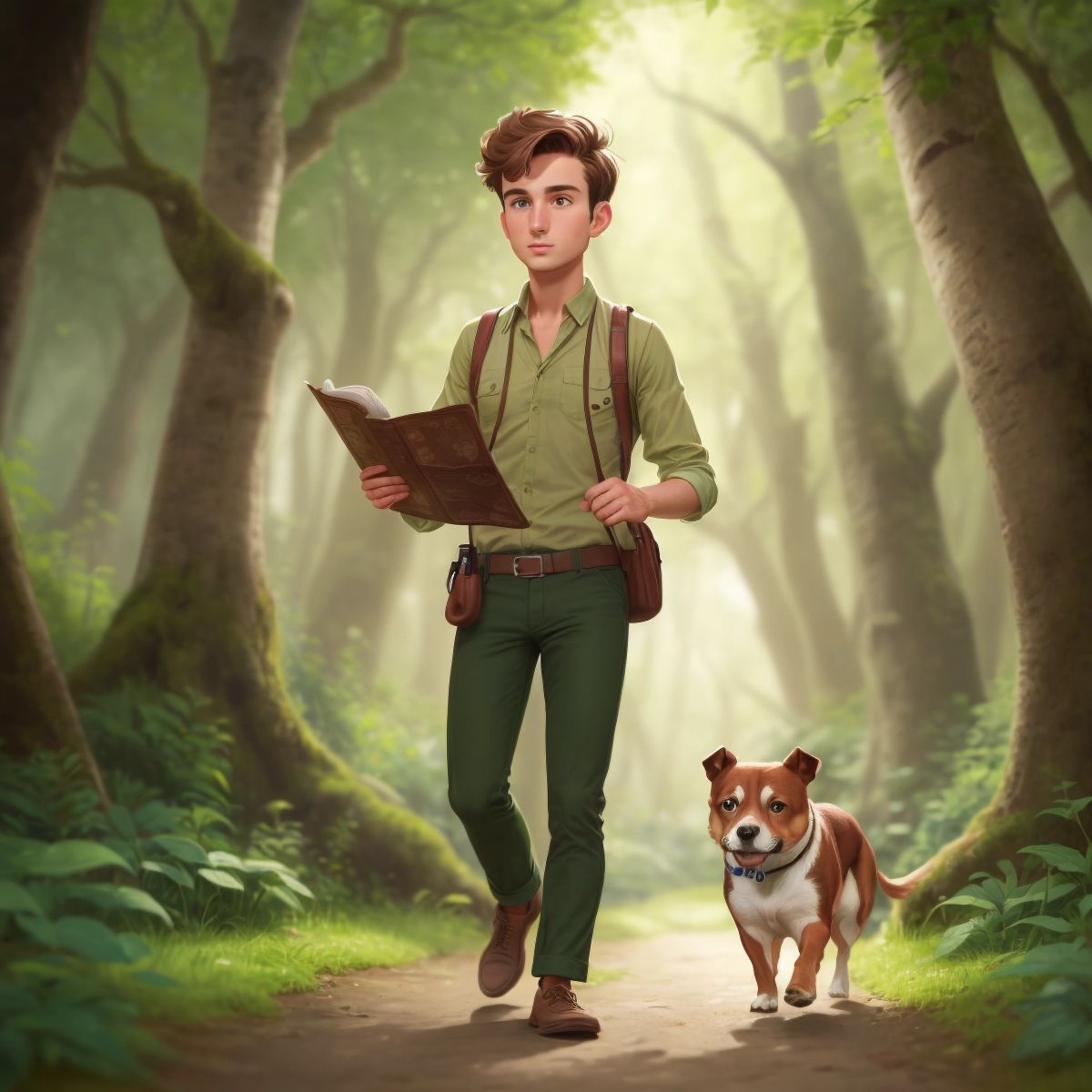 Marv with binoculars around his neck, walking through a lush green forest with a map in hand. Reptar, the Taco Terrier, is not in the picture to maintain the one character rule.