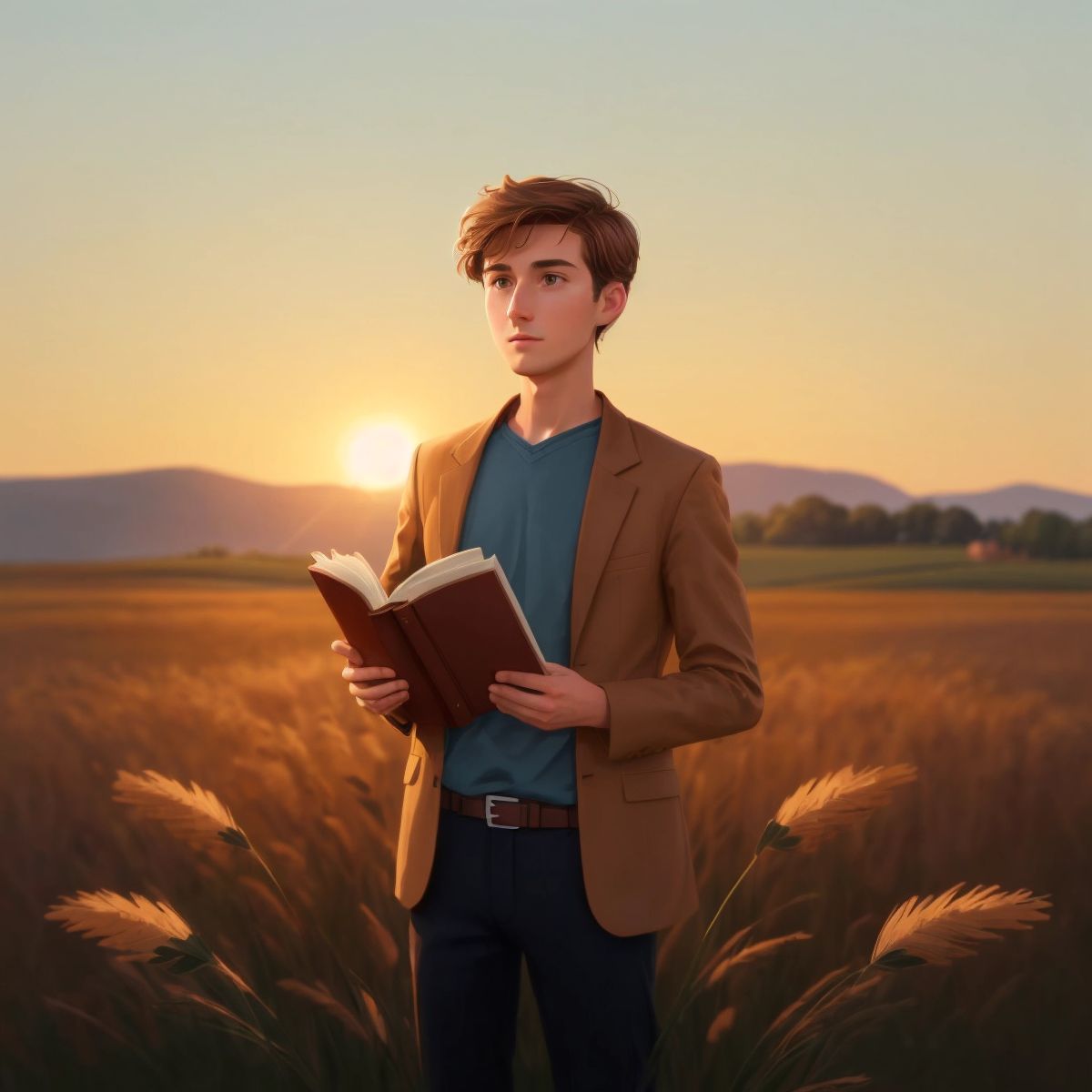 Marv standing alone in a field at sunset, holding a book of names with a look of accomplishment on his face. The background shows the silhouette of various animals in the distance as part of the grand naming celebration, but they are not the focus of the illustration.