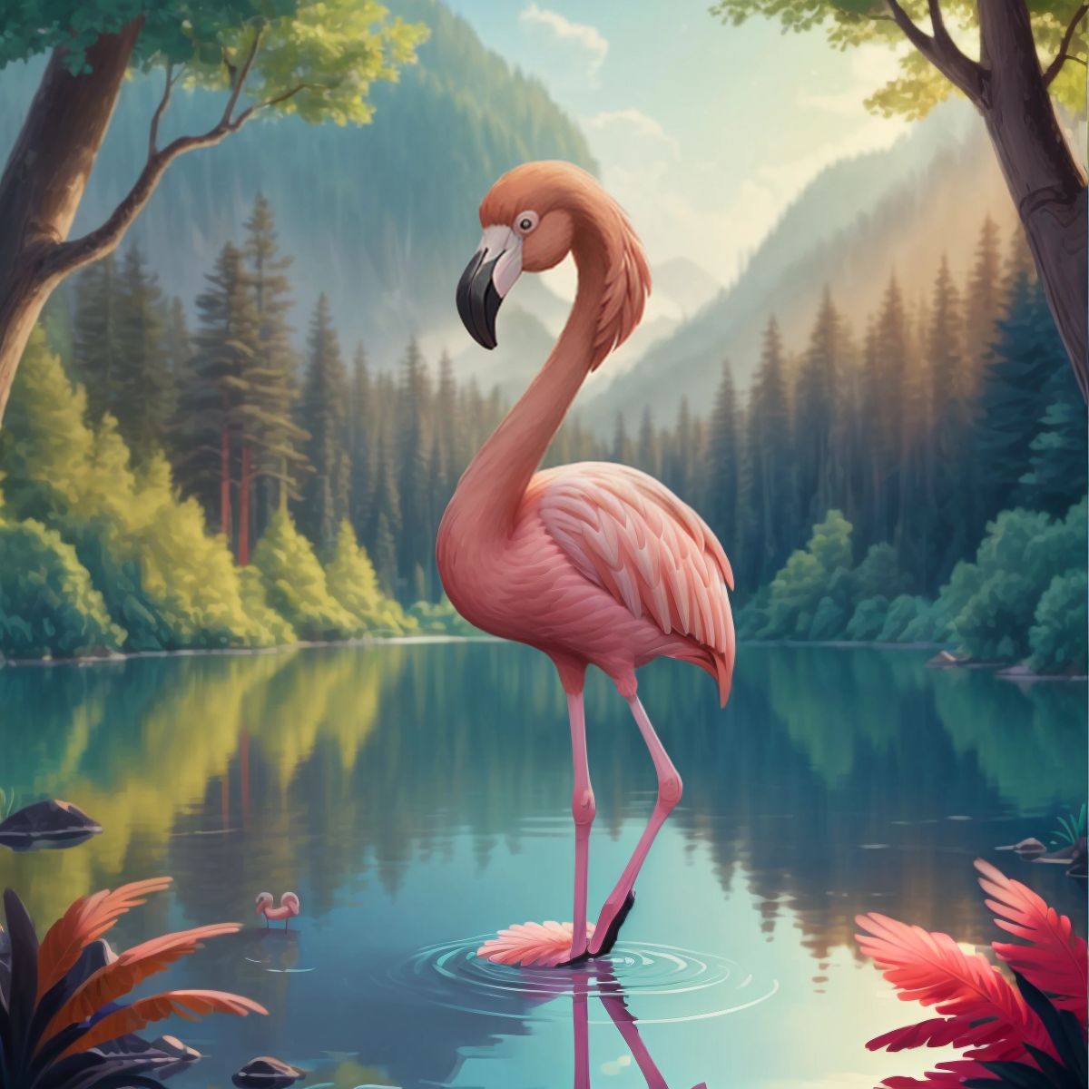 A lone flamingo standing elegantly on one leg by a shimmering lake, surrounded by a forest background. Marv and Reptar are not shown to comply with the one character rule.