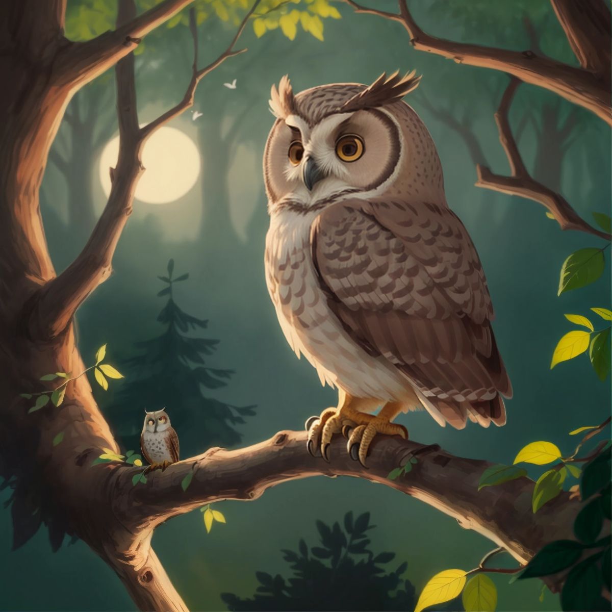 An owl perched thoughtfully on a branch in the ancient woods, with a dusky sky in the background. Marv and Reptar are not depicted in this illustration.