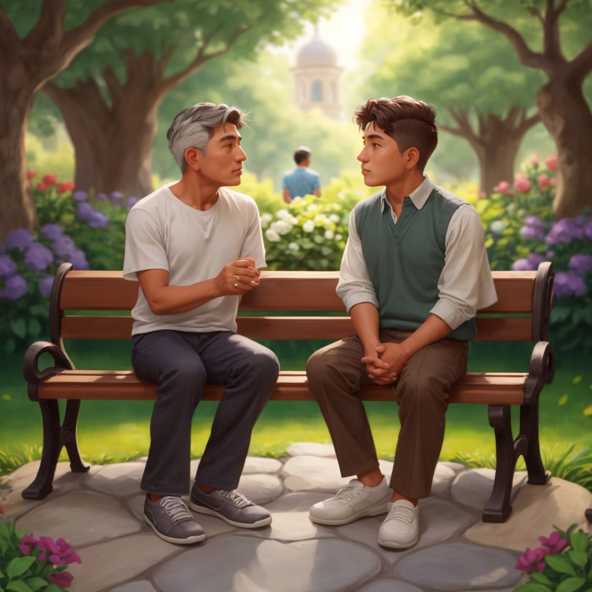 Apostle Paul sitting on a stone bench in a tranquil garden, sharing stories with Timothy who is listening intently.