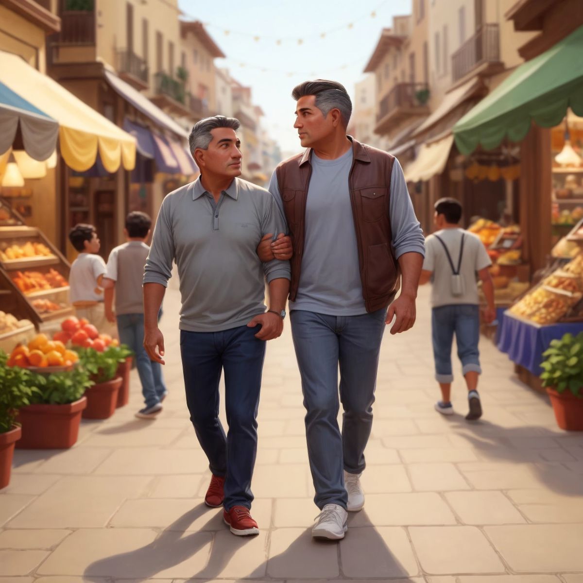 Apostle Paul walking through a busy city marketplace, meeting Timothy for the first time.