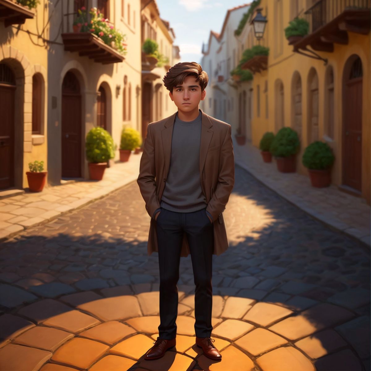 Timothy standing alone on a cobblestone path looking contemplative, with a shadowed figure of Apostle Paul in the background symbolizing support.