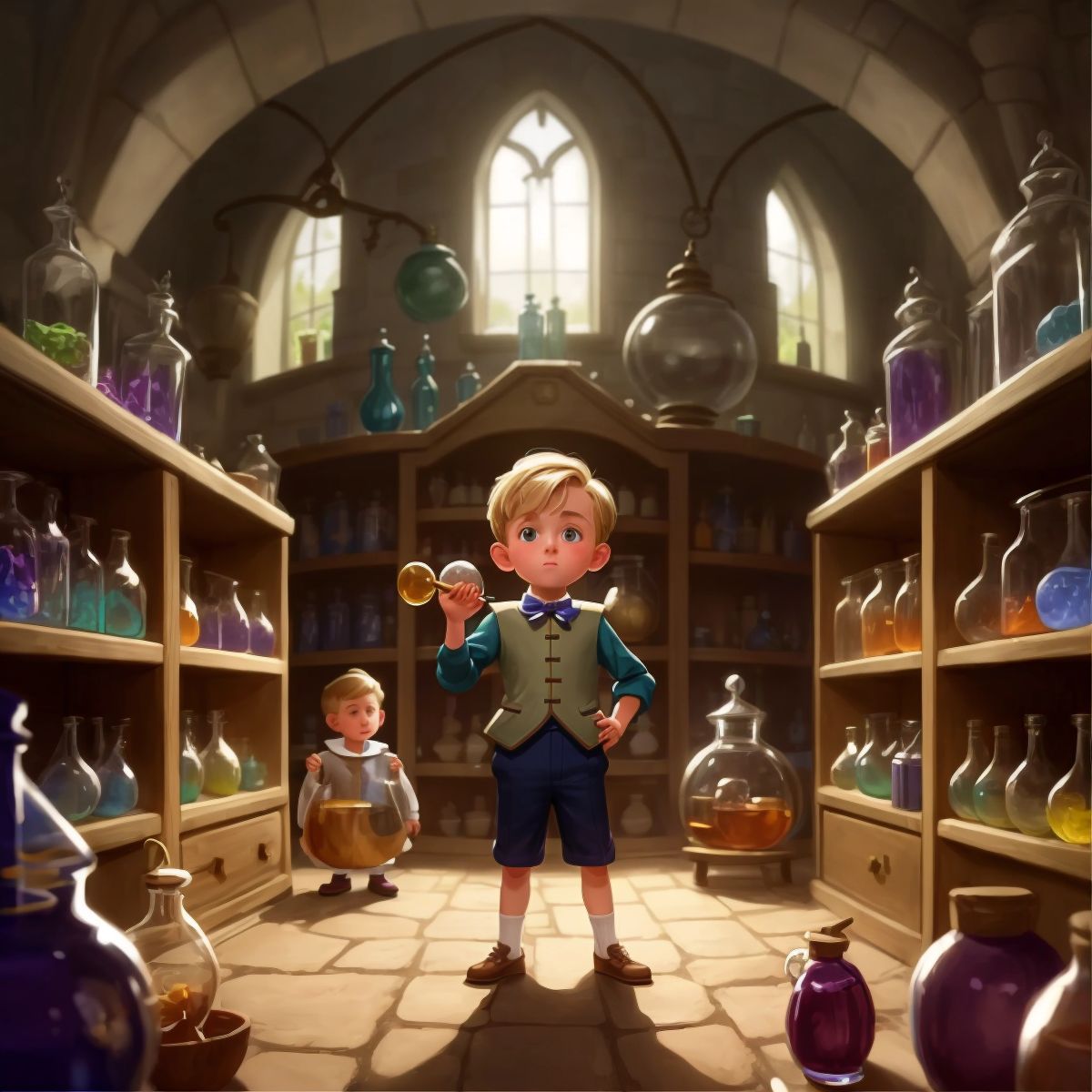 Typical Gamer standing proudly in his potion lab, now bustling with activity and friendship, with children working together in the background.