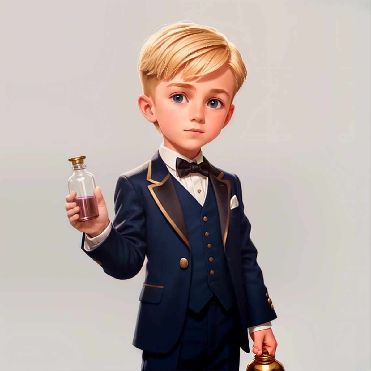 Typical Gamer, transformed into a dapper young gentleman, holding a potion bottle with grace and poise.