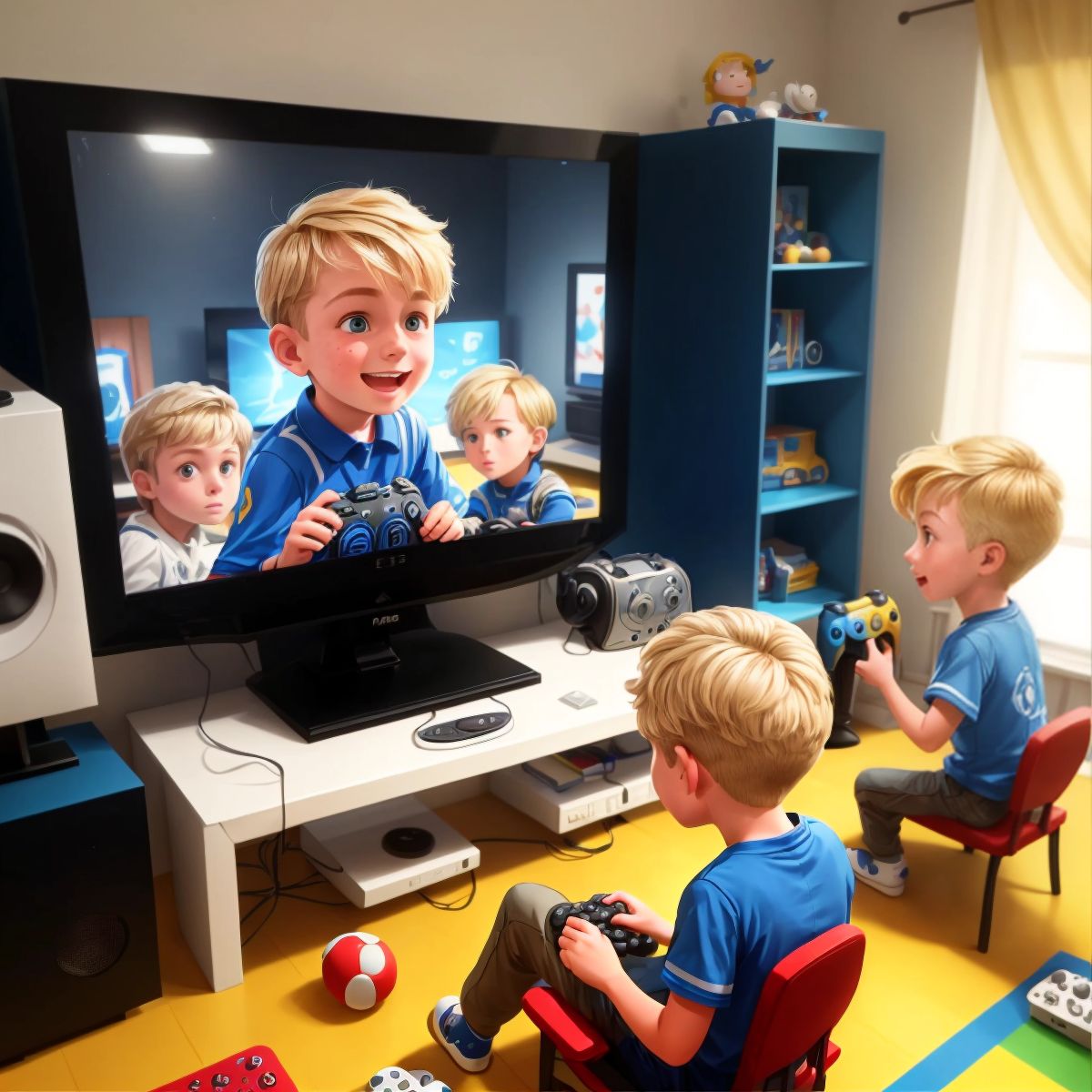 Typical Gamer and his friends, each with their unique gaming setups, sharing a moment of joy in a room filled with screens and gaming paraphernalia.