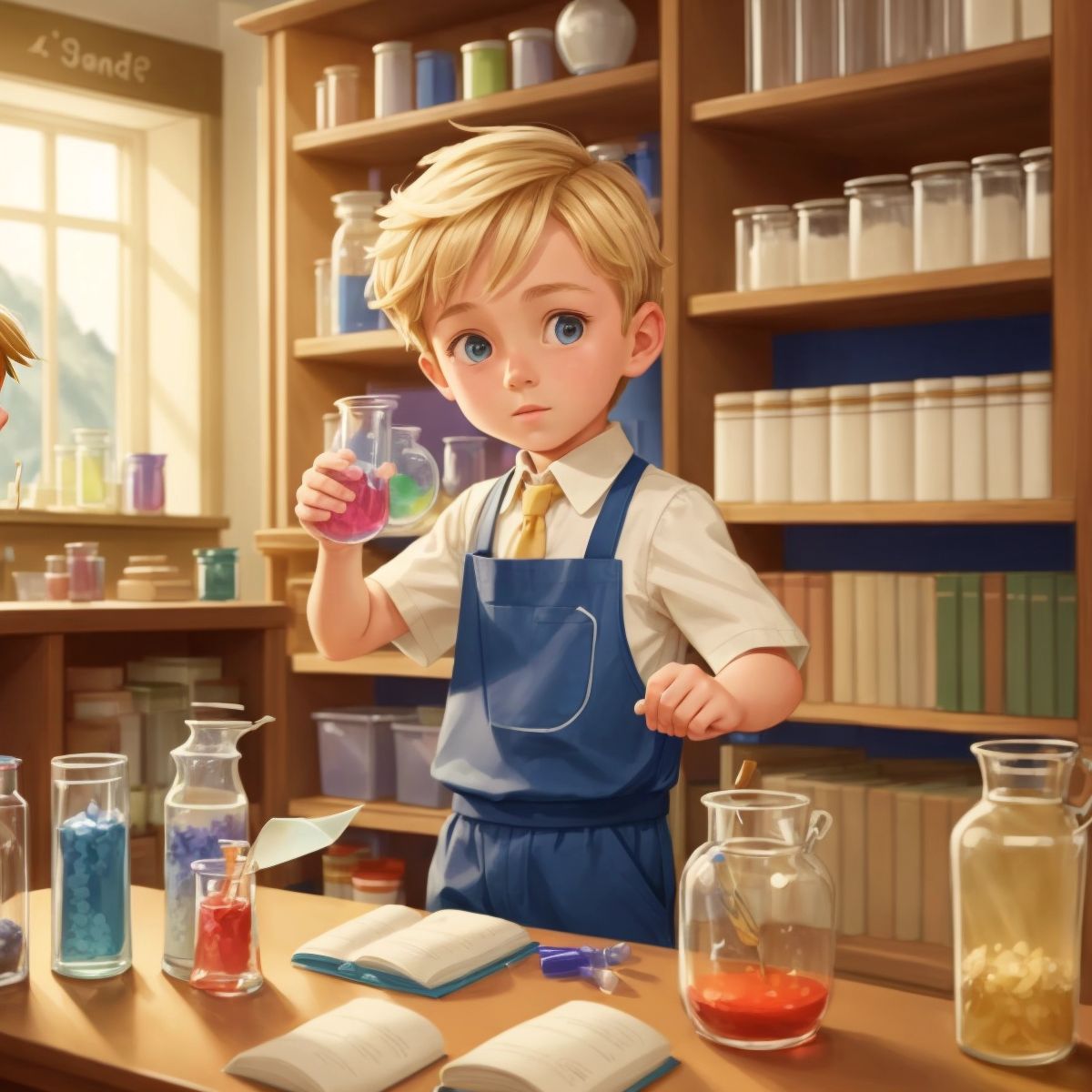 Typical Gamer teaching his friends how to mix potions in his lab, with shelves of ingredients and books in the background.