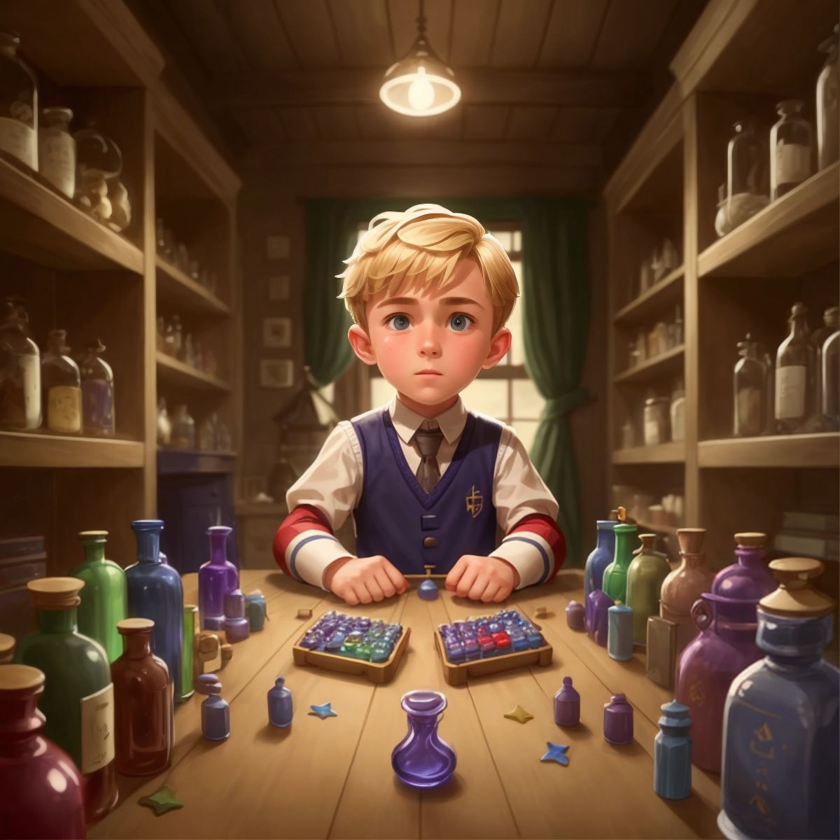 Typical Gamer surrounded by various potion bottles, each labeled with different gaming attributes, in a room filled with gaming posters.