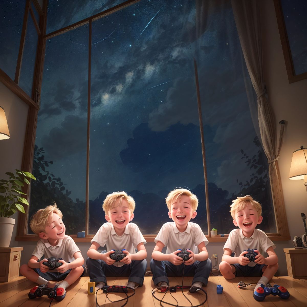 Typical Gamer and his friends laughing together, holding gaming controllers, with a backdrop of a starry night sky through a window.