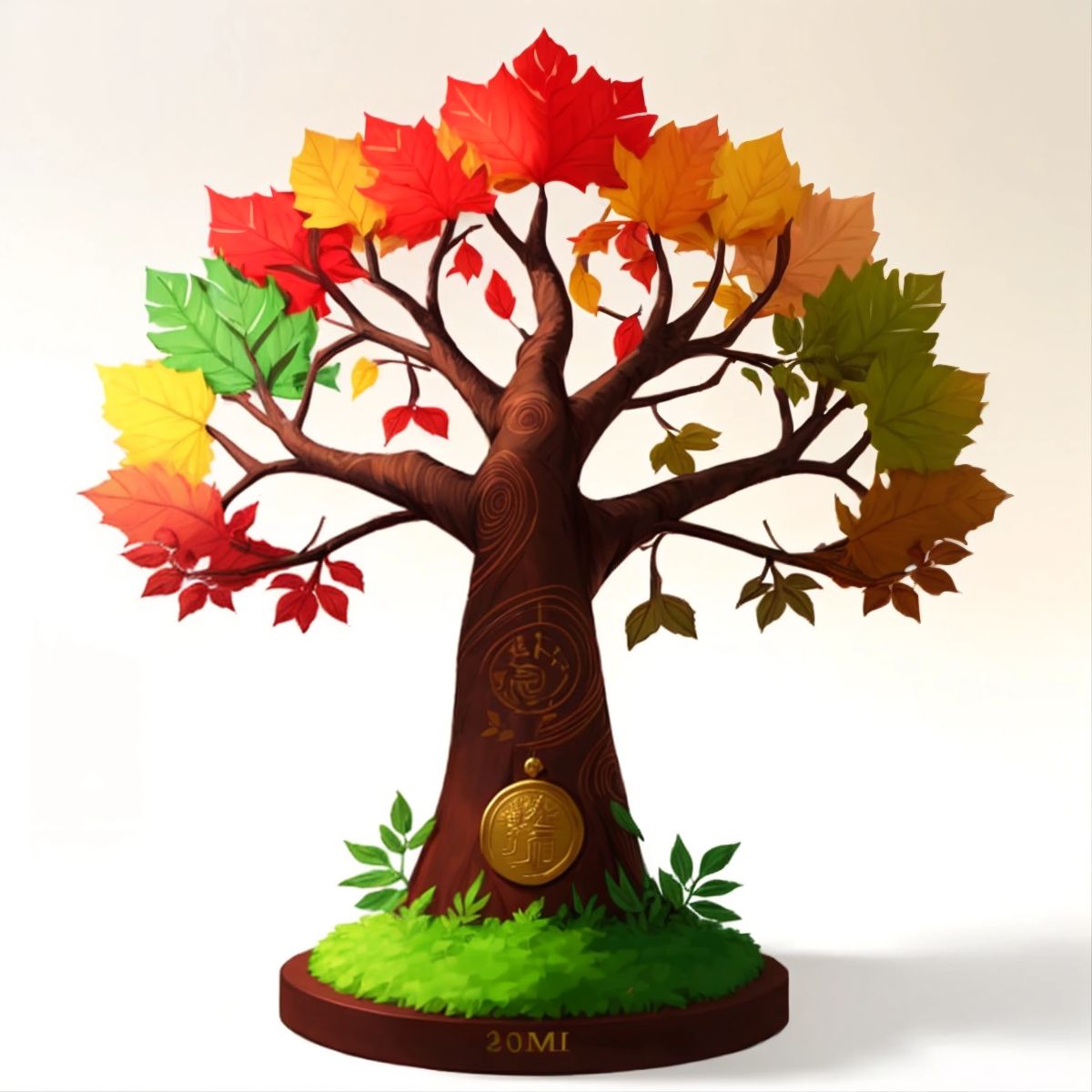 A single tree with multicolored leaves representing the strong community, with a small plaque at the base engraved with 'Unity' in elegant script.