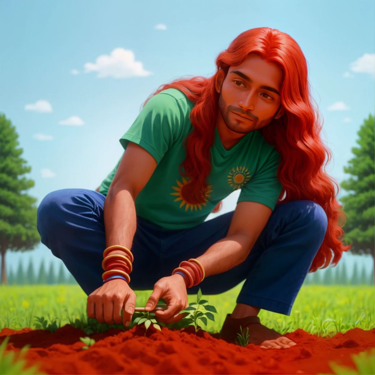 Antonio planting new trees in the fertile earth, with a background of a clear blue sky and the sun shining brightly.