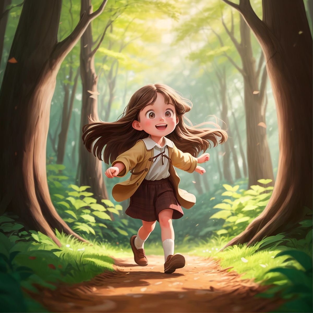 Riley, a girl with long brown hair, stepping into the woods with a look of excitement on her face. The background shows the edge of the woods near her grandma's house.