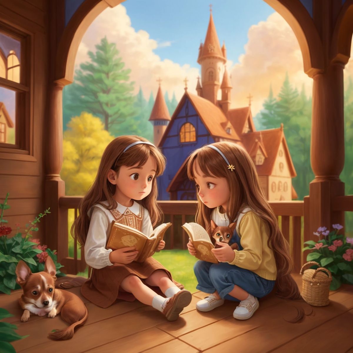 Riley and Ella sitting on the porch, sharing their adventure with Riley's grandma, with the gingerbread castle visible in a storybook they hold.