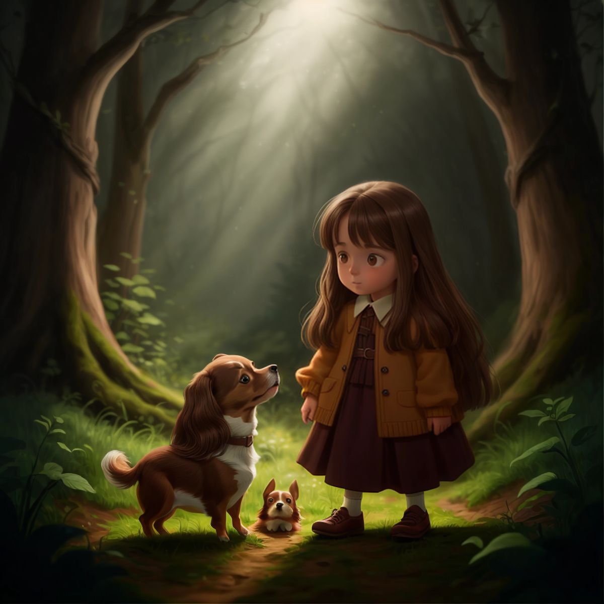Riley and Ella in the dark woods, with Riley showing a brave face amidst the mysterious sounds and fleeting shadows.