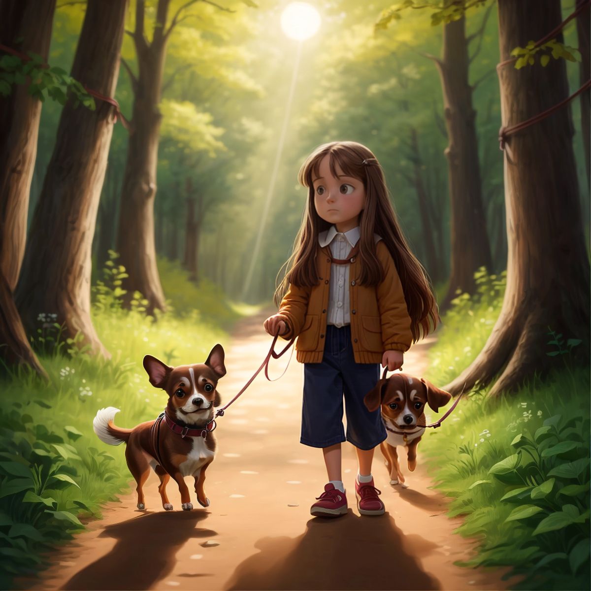 Riley holding Ella's leash, looking determined as they begin their journey back home through the woods, with the setting sun casting long shadows.