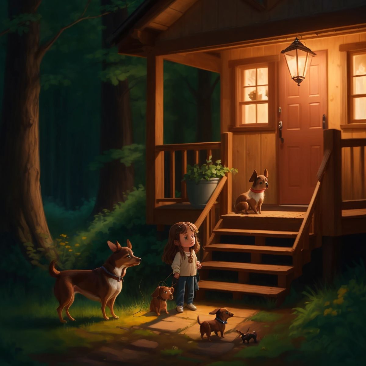 Riley and Ella emerging from the woods, with the porch light of her grandma's house shining in the distance, offering a sense of safety and comfort.