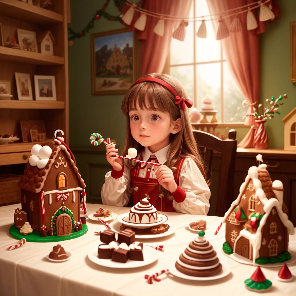 Riley inside the gingerbread castle, marveling at an array of treats offered by an unseen host. Candy canes, chocolate fudge, and marshmallow clouds are displayed on a table.