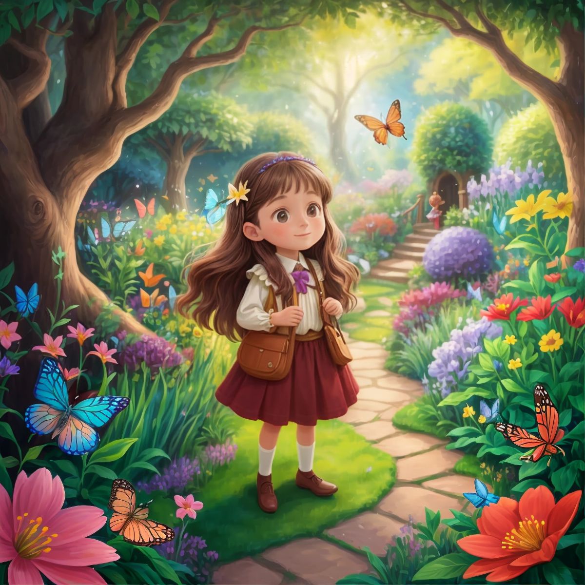 Riley in a magical garden with colorful flowers and butterflies. The enchanted garden is peaceful, with a sense of joy and wonder.