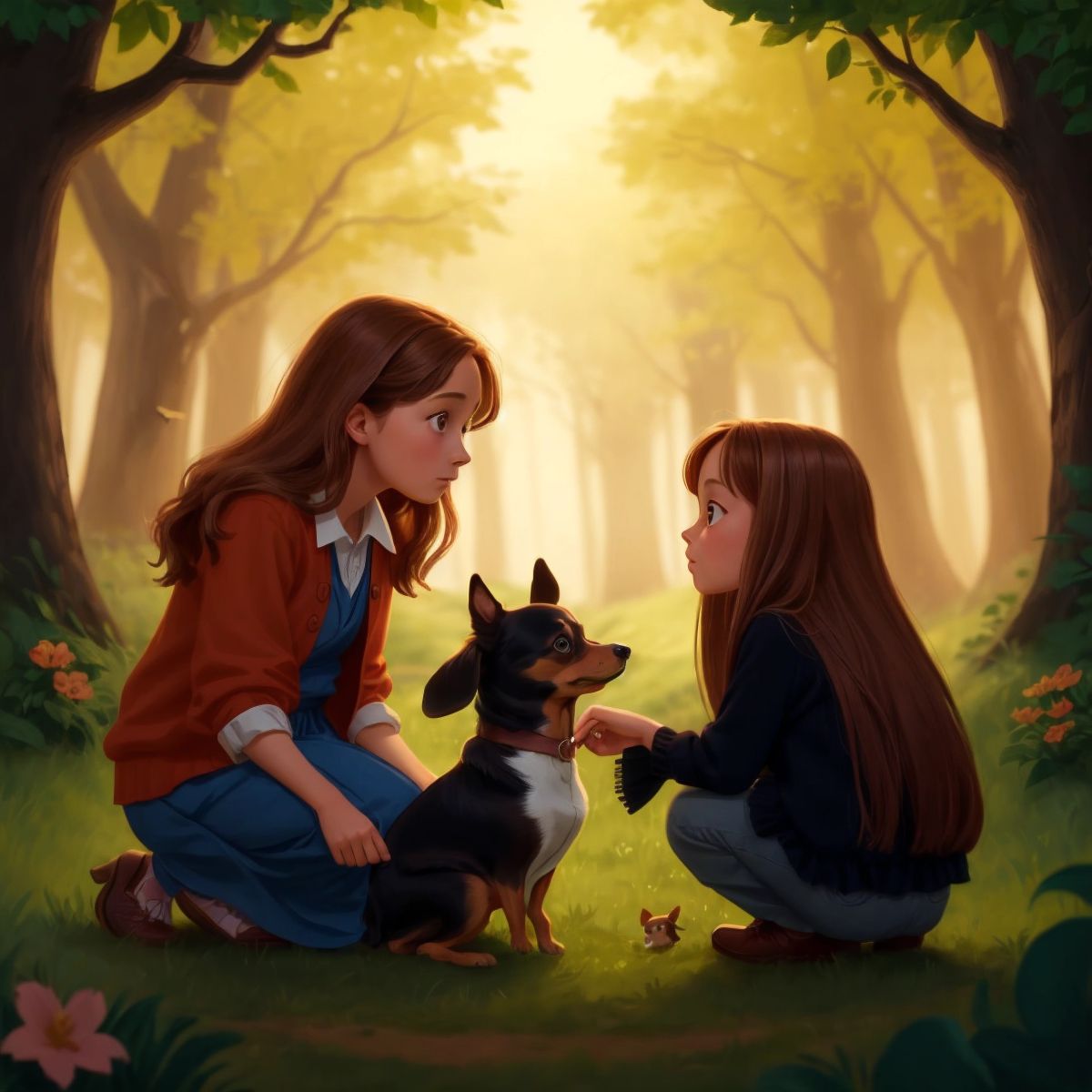 Riley and Ella receiving advice from Mrs. Ginger, depicted as a silhouette with a wise and caring expression, warning them of the night dangers in the woods.