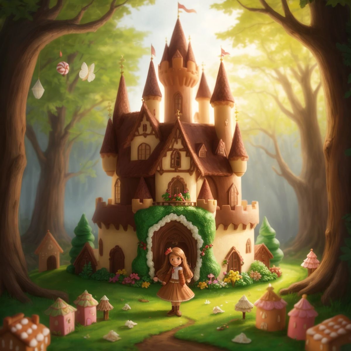A gingerbread castle in a clearing, with Riley looking on in wonder. The castle is adorned with candy decorations and emits a sweet aroma that seems to fill the air around it.