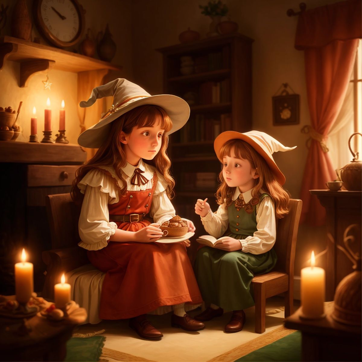 Riley sitting with Mrs. Ginger, a kind-hearted witch, in a cozy room of the gingerbread castle, listening to stories of magic and adventure.