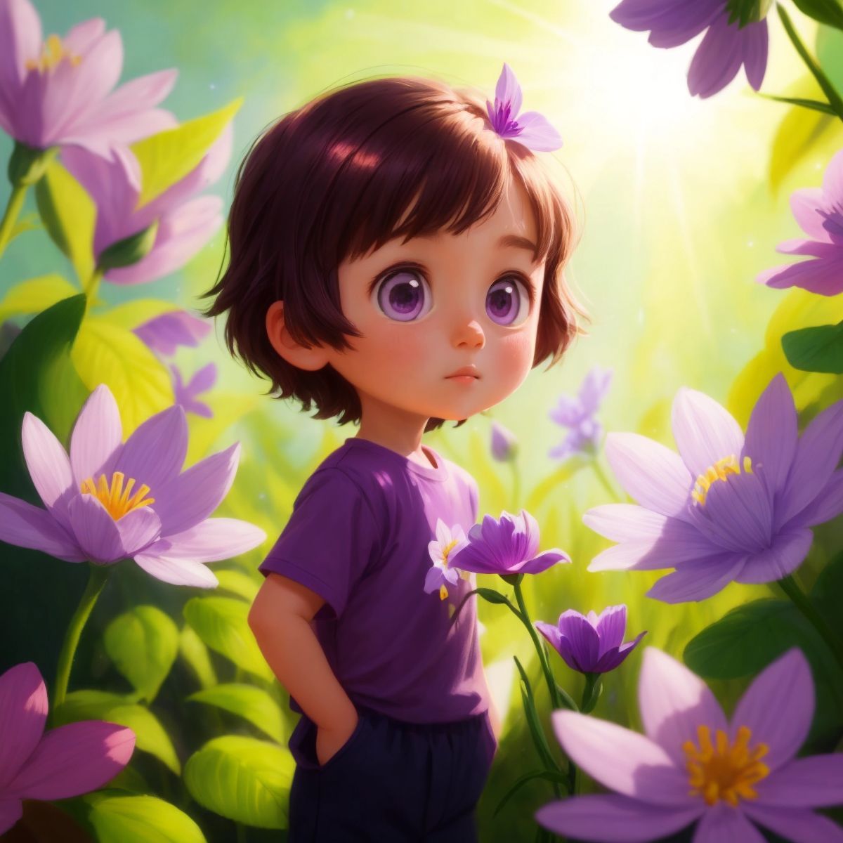 Riley, with a look of curiosity, standing beside a peculiar shimmering purple flower in the sunlight.