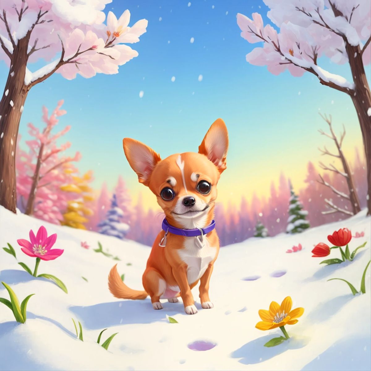 Ella, the tiny Chihuahua, with ears perked up, standing in the snow while looking back towards the colorful flower clearing.