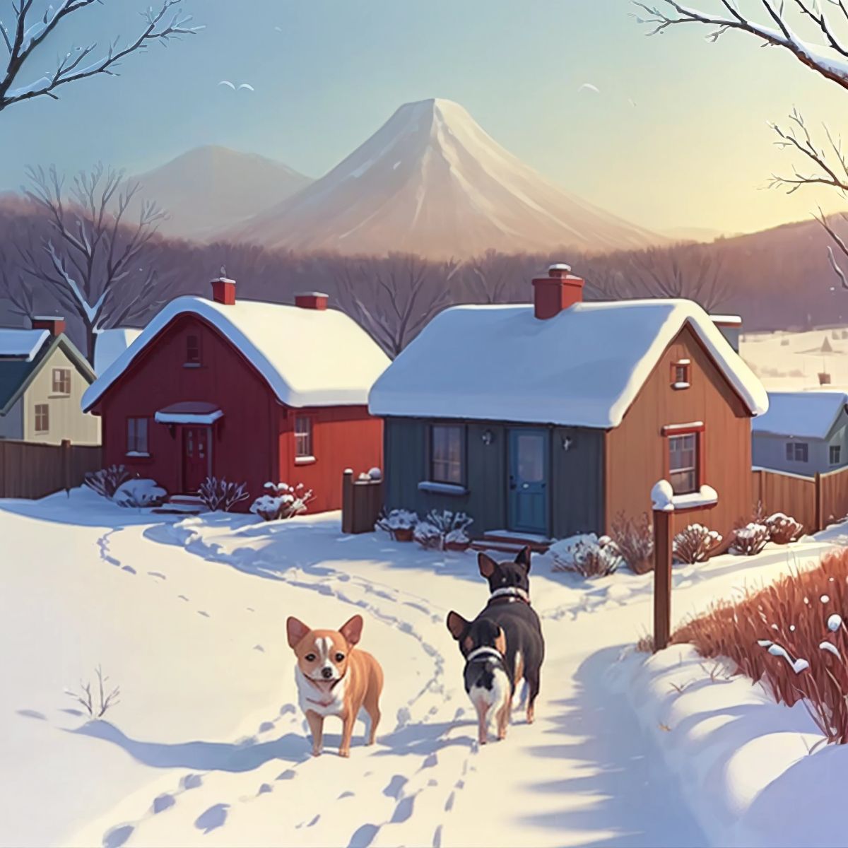 Riley, hand in paw with Ella, walking back home through the snowy landscape with their house in the distance.