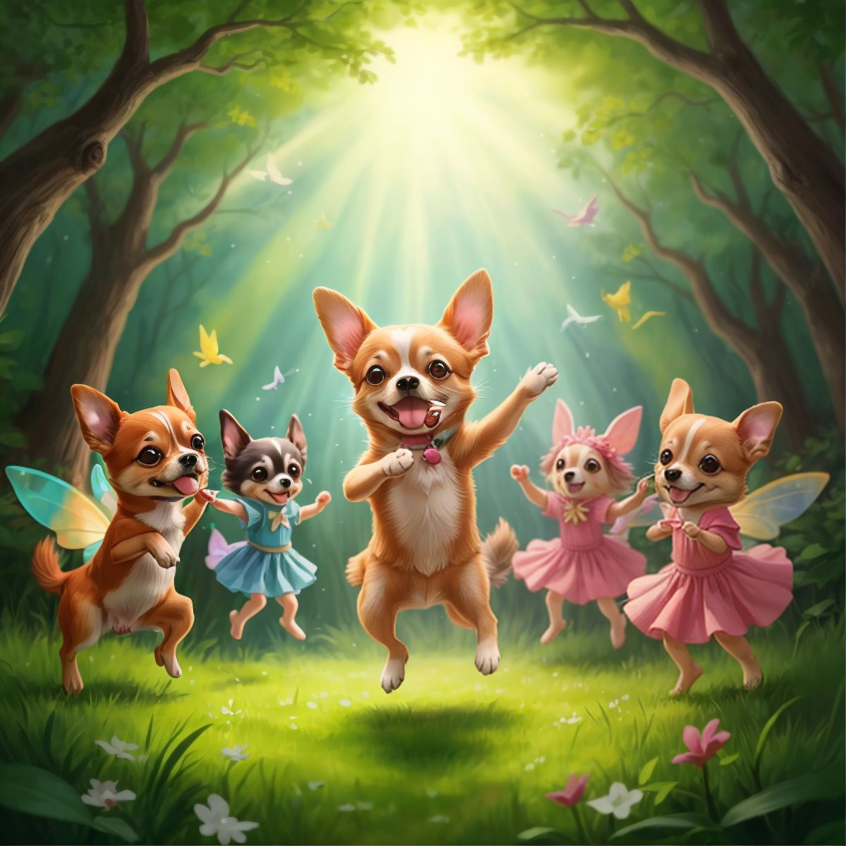 Ella, joyfully dancing with a group of fairies in a clearing filled with music and laughter.