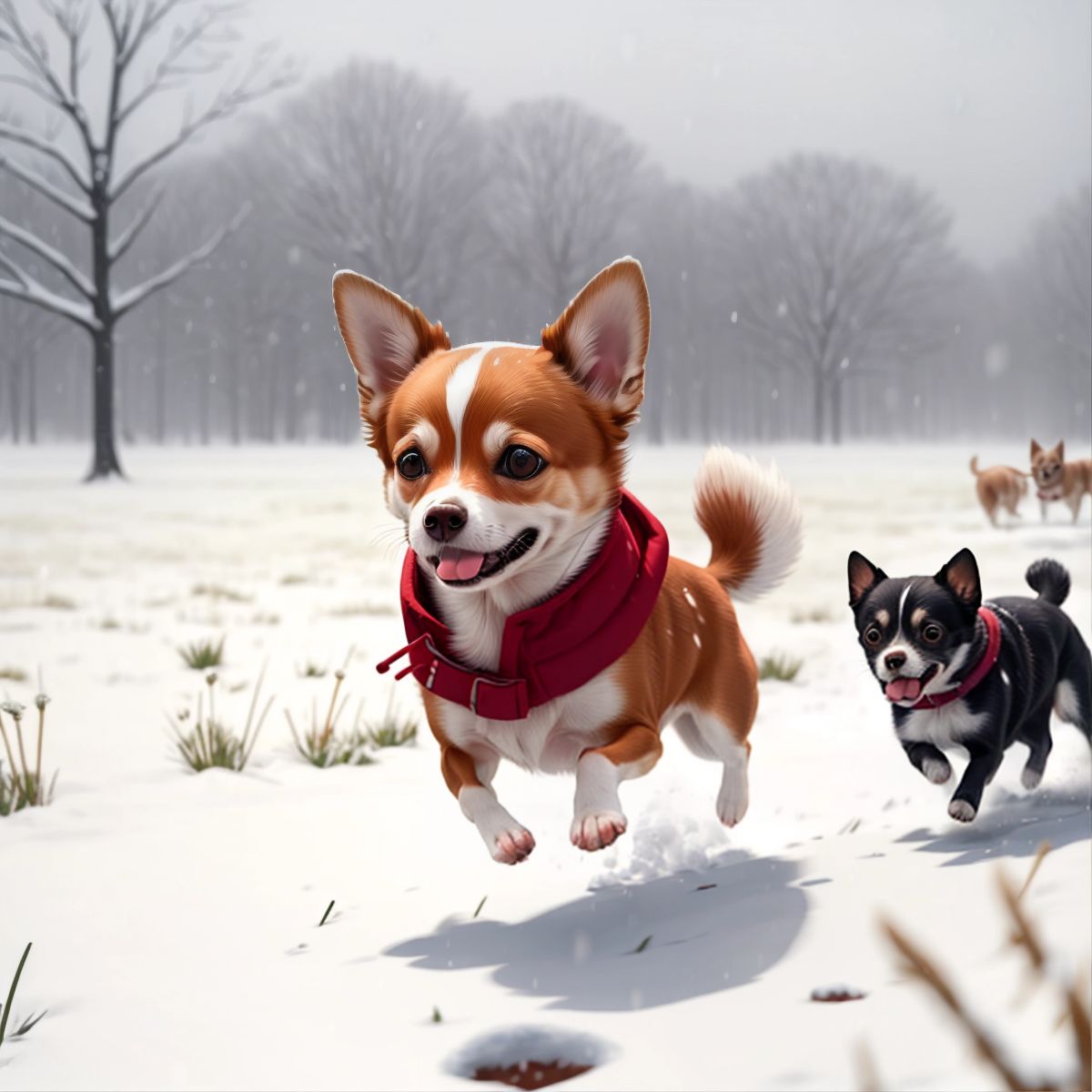 Riley, wearing a winter coat, chasing after Ella through a snowy meadow with snowflakes gently falling around them.