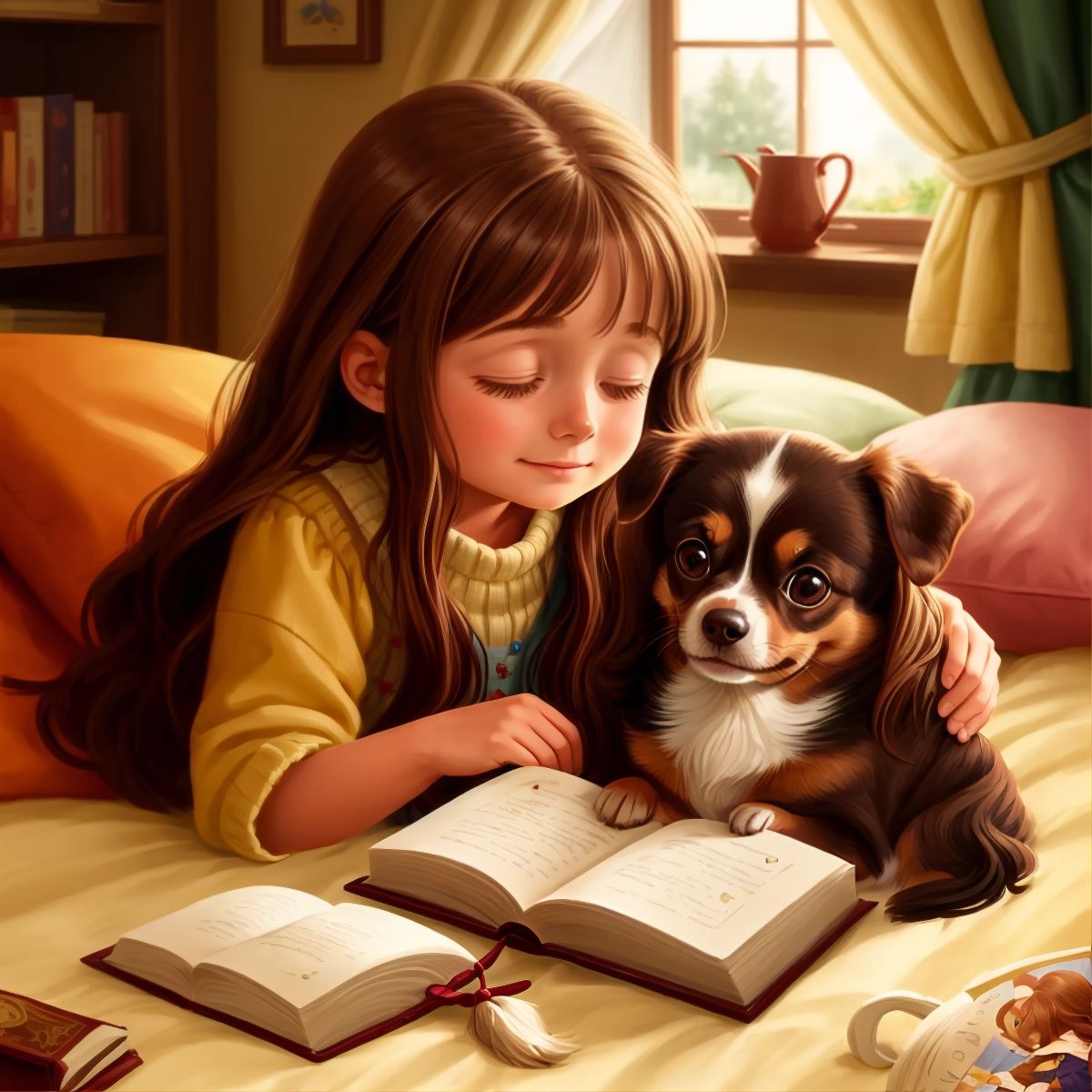 Riley and Ella, snuggled up together inside their cozy home, reminiscing about their adventure with a fairy tale book open in front of them.