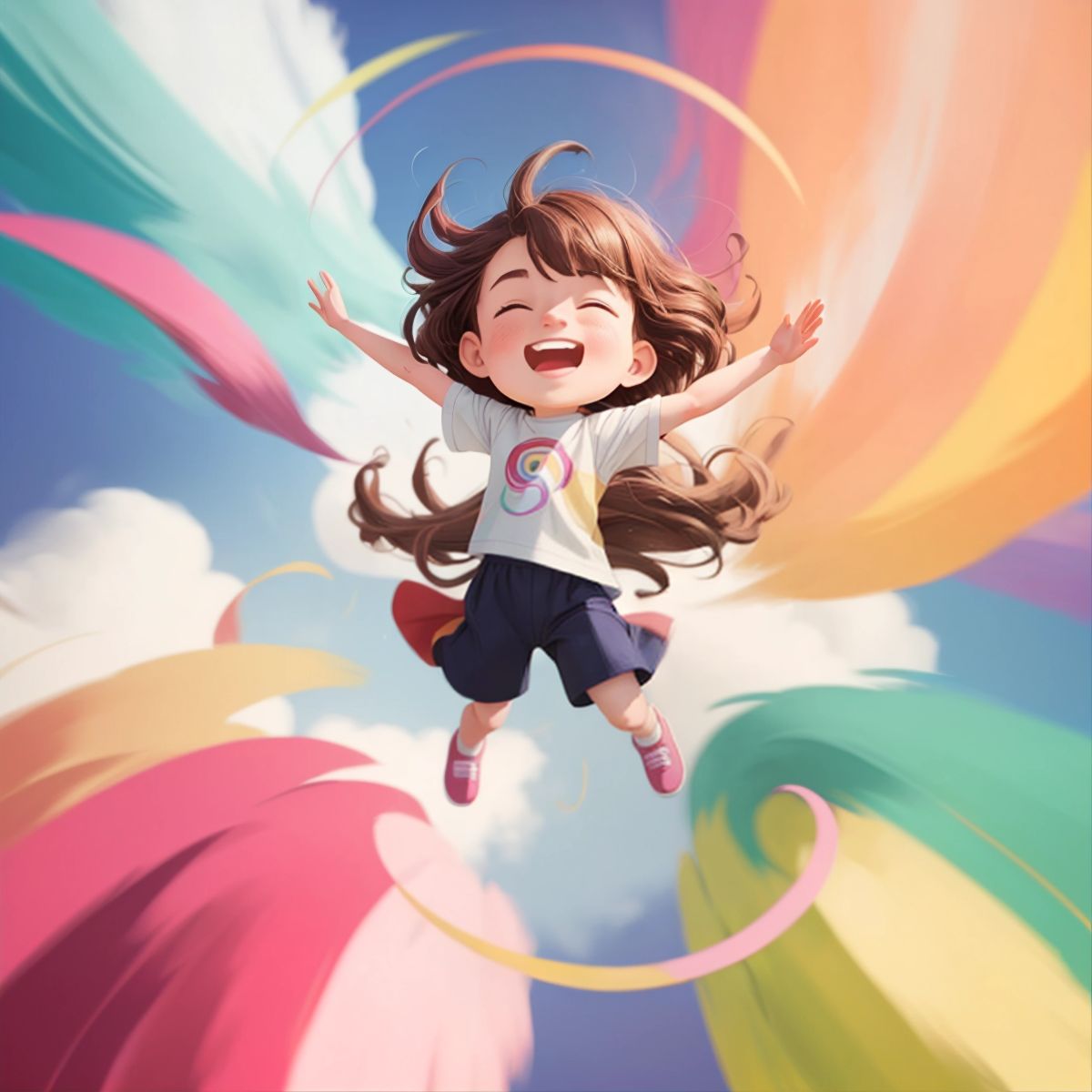 Riley, surrounded by a swirl of colors, lifted into the air by a magical breeze with a blurred background.