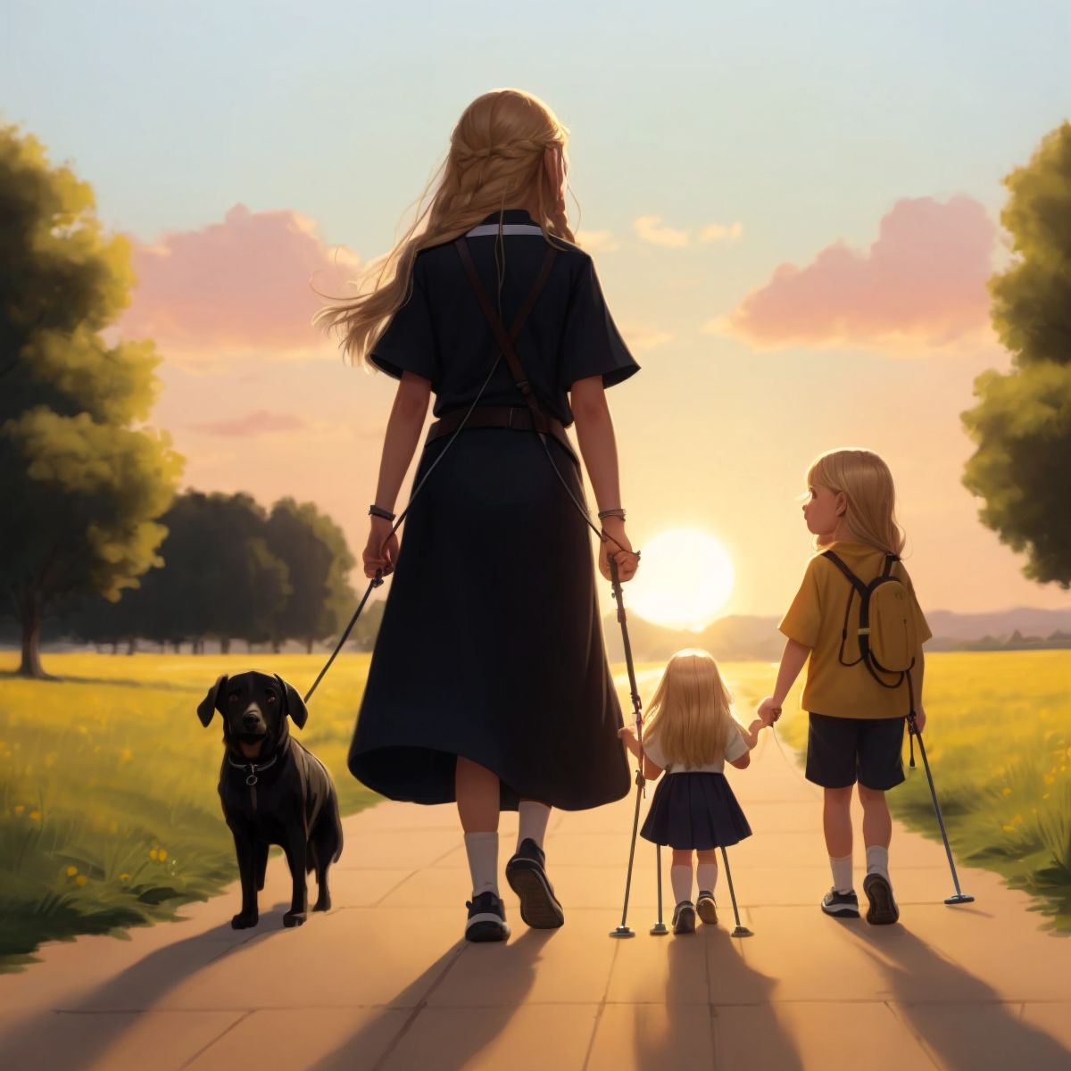 Emily walking with crutches as the sun sets, with Max's leash in her hand and children walking beside her, offering support.