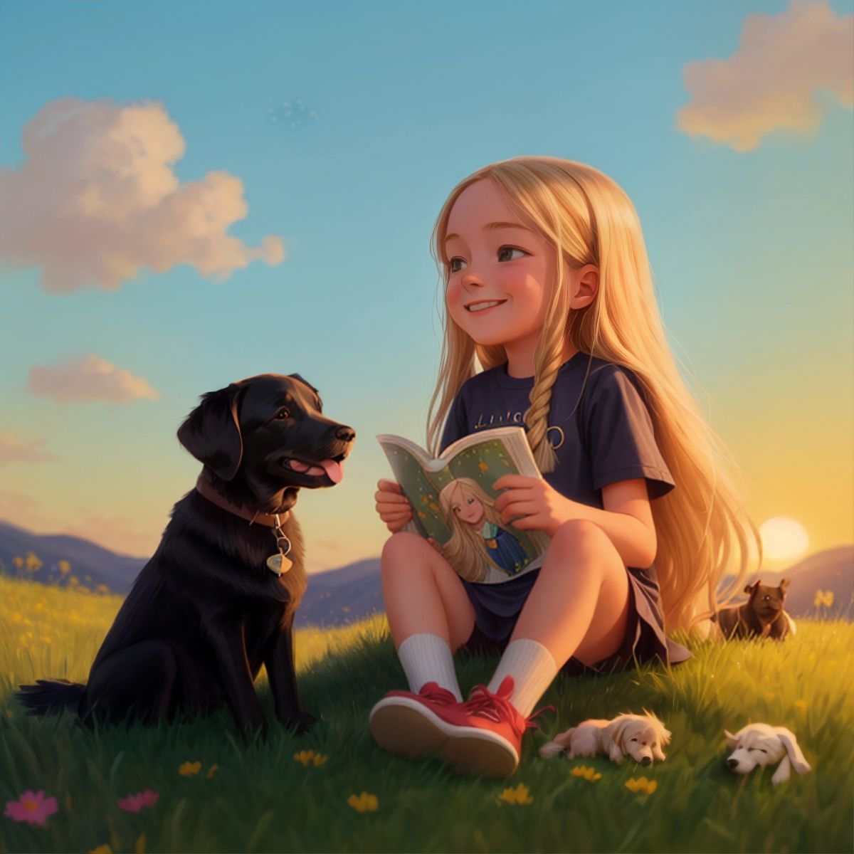 Emily and Max sitting on a grassy hill, watching the sunset, surrounded by drawings of smiling children's faces in the sky.