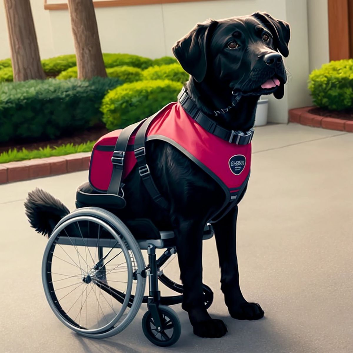 Max, a clever Black Lab service dog, sitting attentively with a service dog vest, next to a wheelchair.