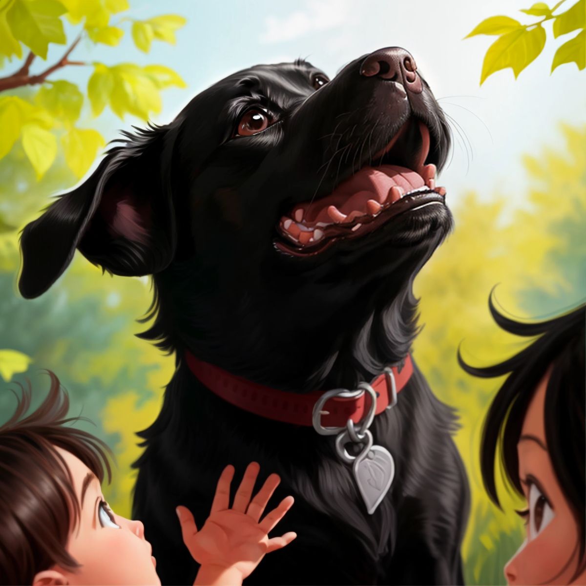 Max looking up with a focused expression, while a child's hand is shown paused in the background, about to pet him.