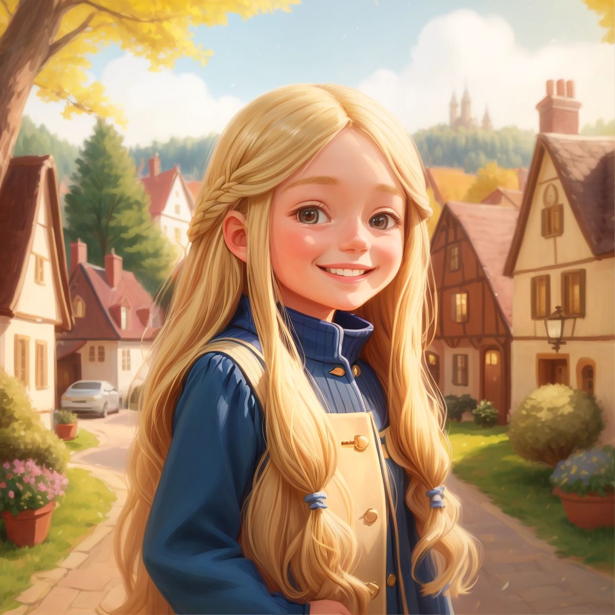 Emily with long blonde hair, smiling in a cozy town setting with houses and trees in the background.