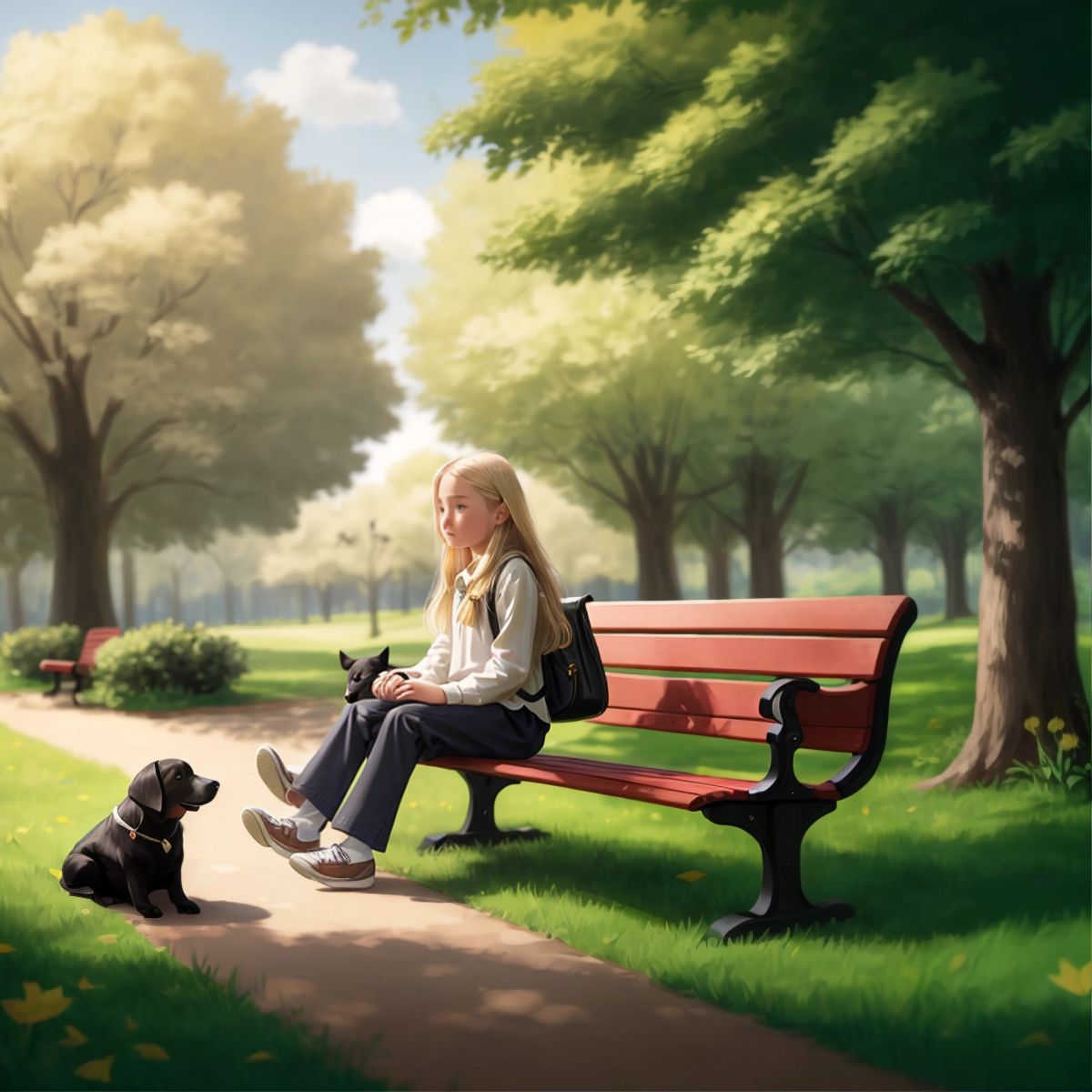 Emily sitting on a park bench with trees and a walking path in the background, while Max sits on the ground beside her.