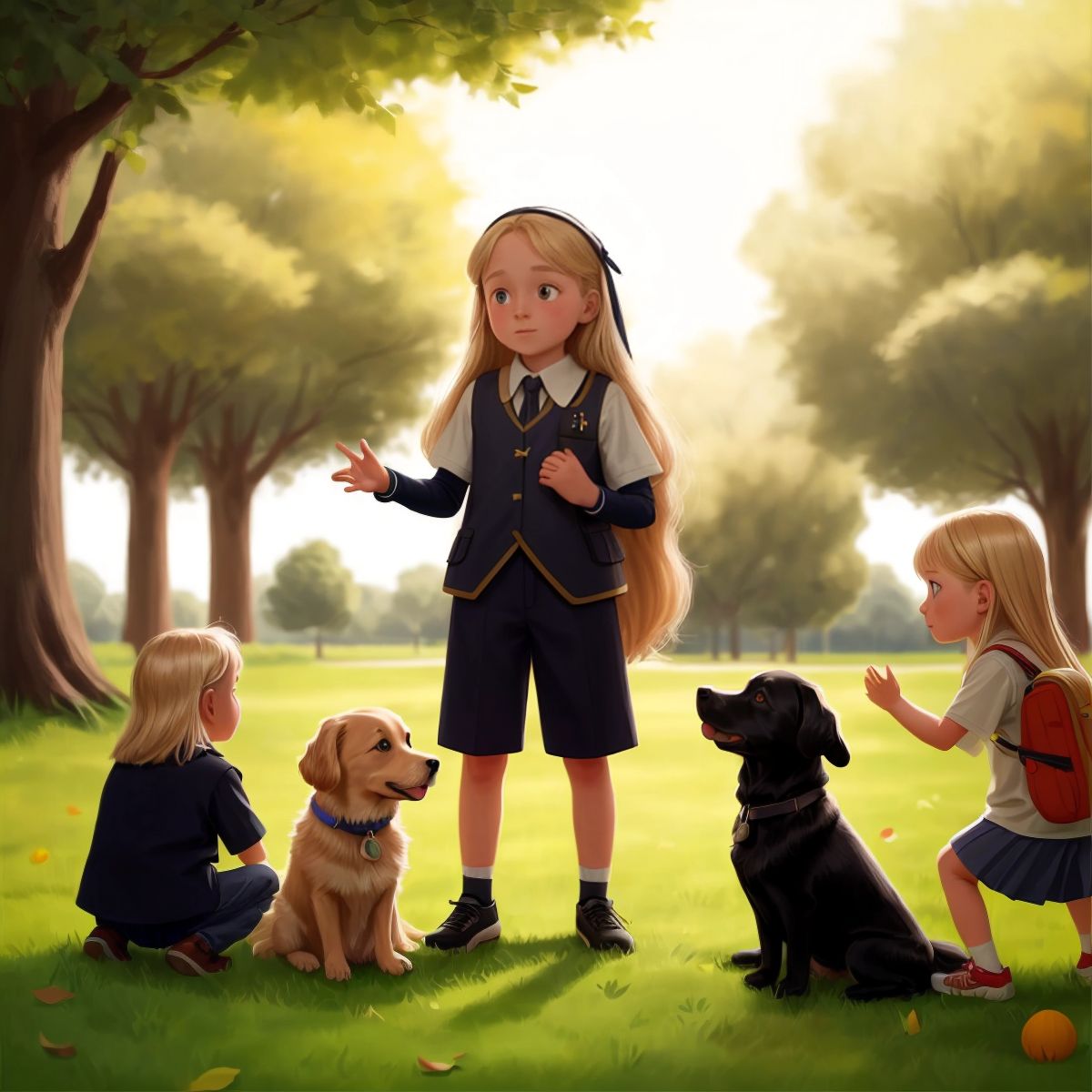 Emily speaking to a group of children, with a 'Do Not Pet' sign on Max's vest, in a park setting.