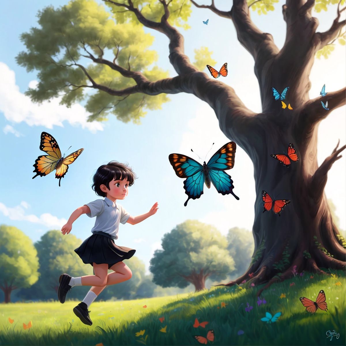 Lily with short black hair, skipping joyfully with an old oak tree in the background and a colourful butterfly nearby.