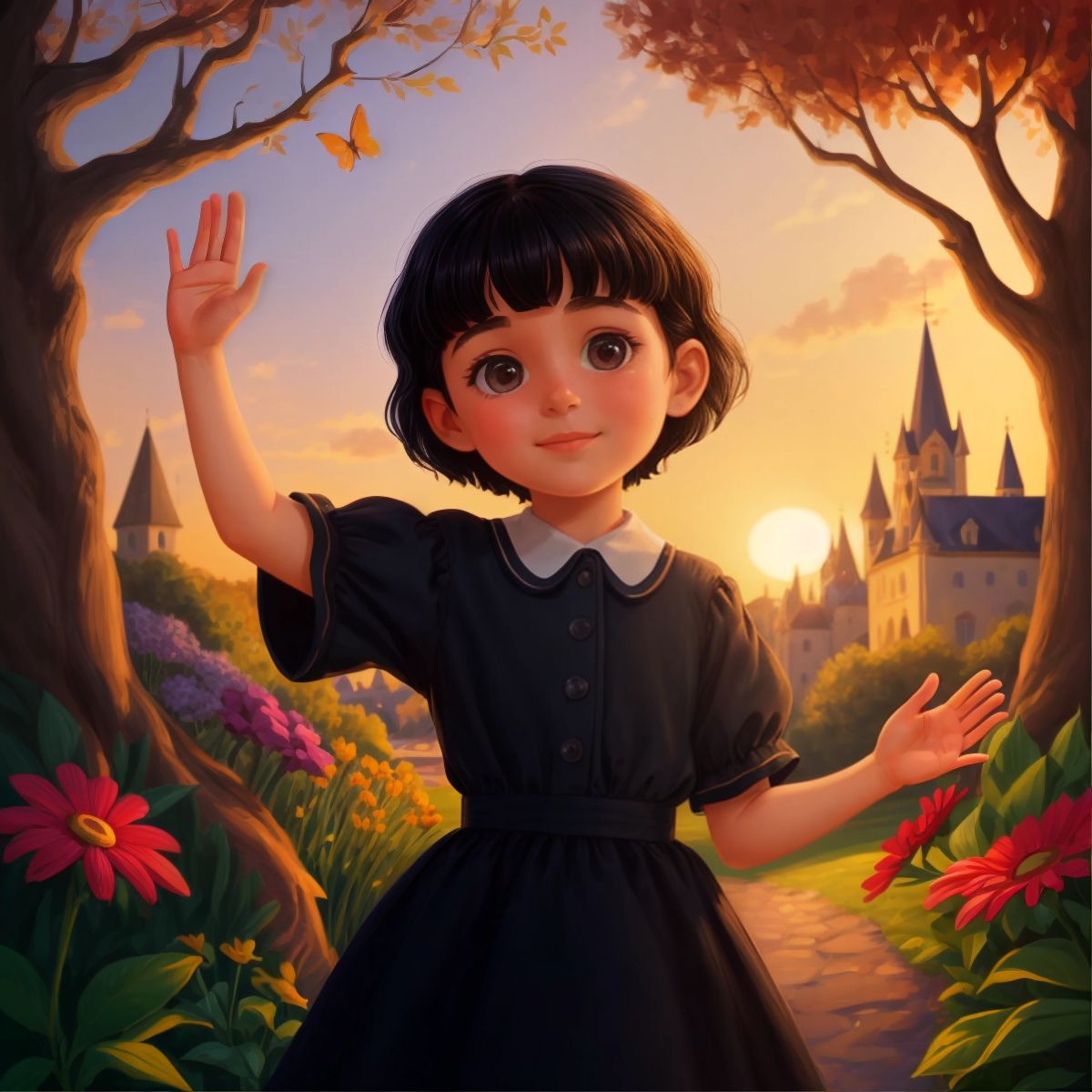 Lily waving goodbye to the Enchanted Garden at sunset, with warmth and memories in her heart.