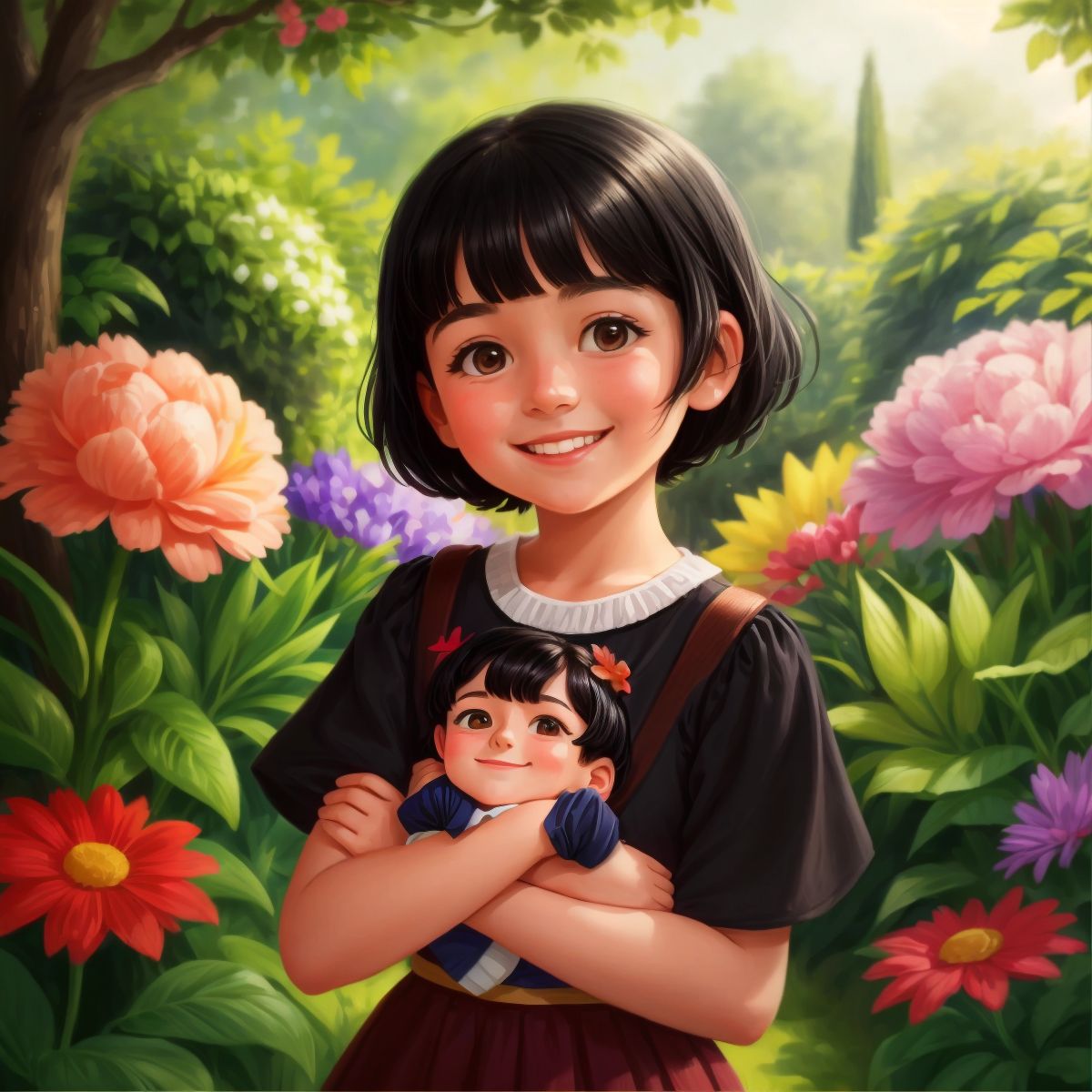 Lily with a warm smile, surrounded by the lush beauty of the garden, symbolizing friendship and joy.