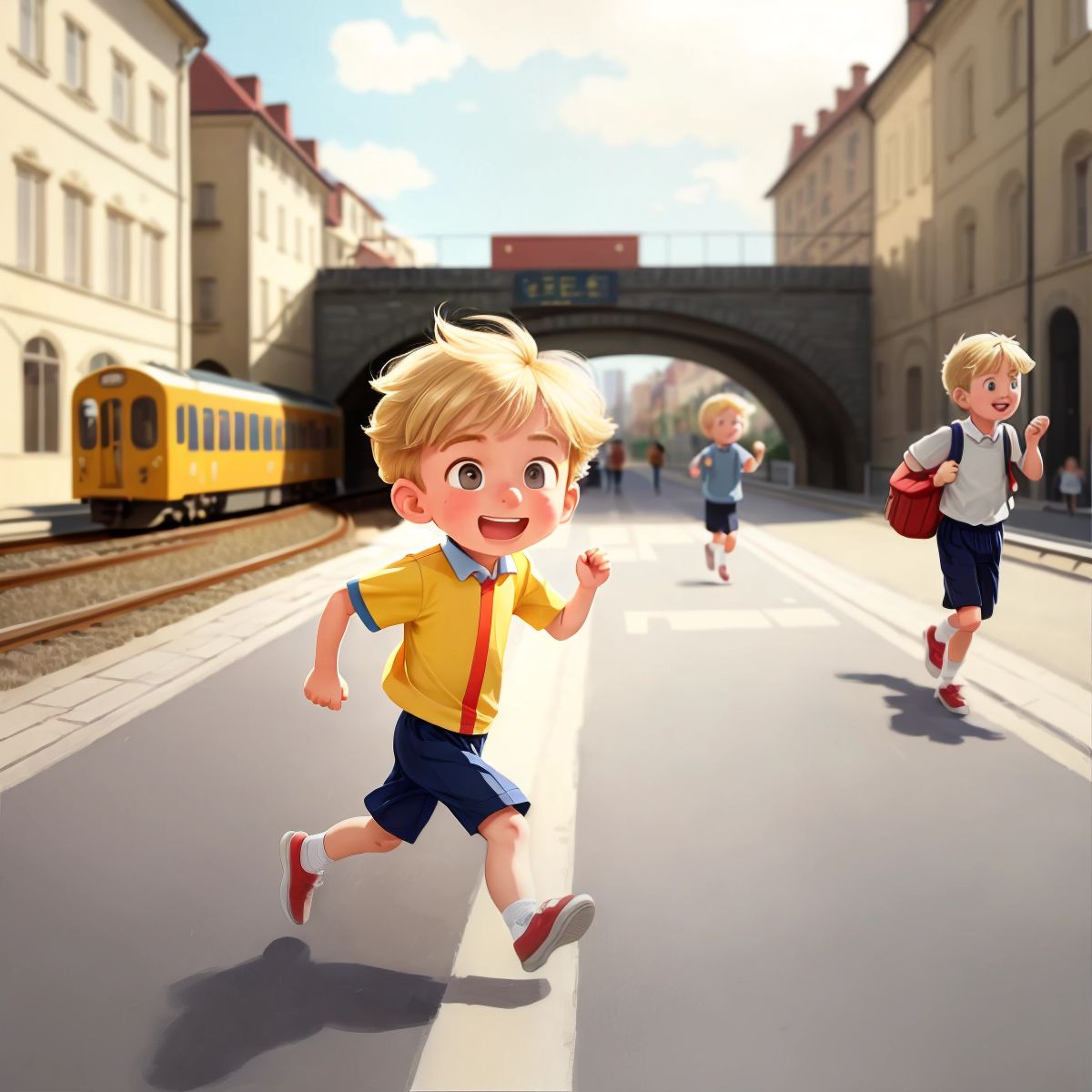 Timmy running towards the train station where his parents are waiting, with a relieved expression on his face.