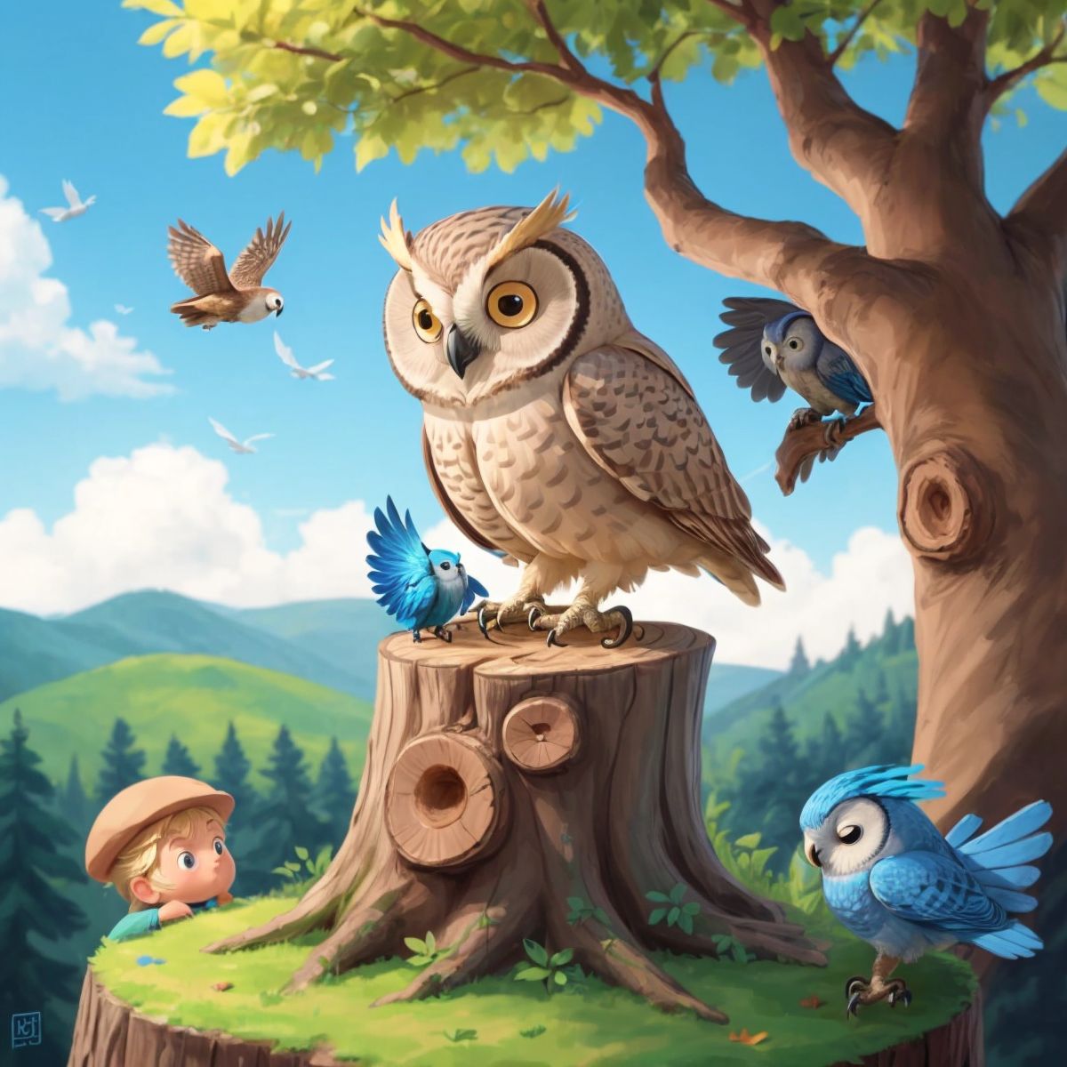 A wise old owl perched on a tree stump in the foreground with Timmy and Kiro in the background.